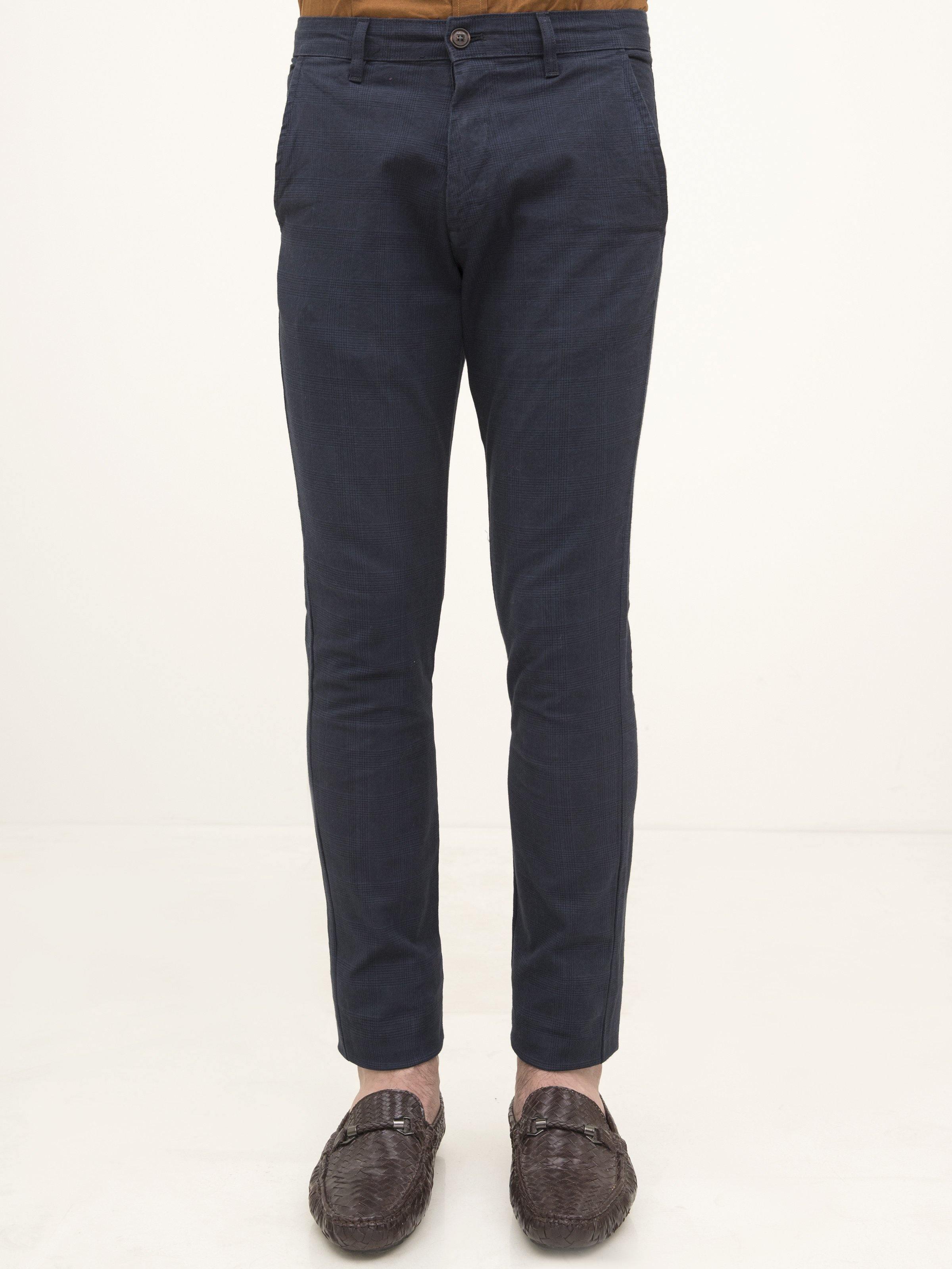 Navy casual pants with button fly and cross pocket with flap