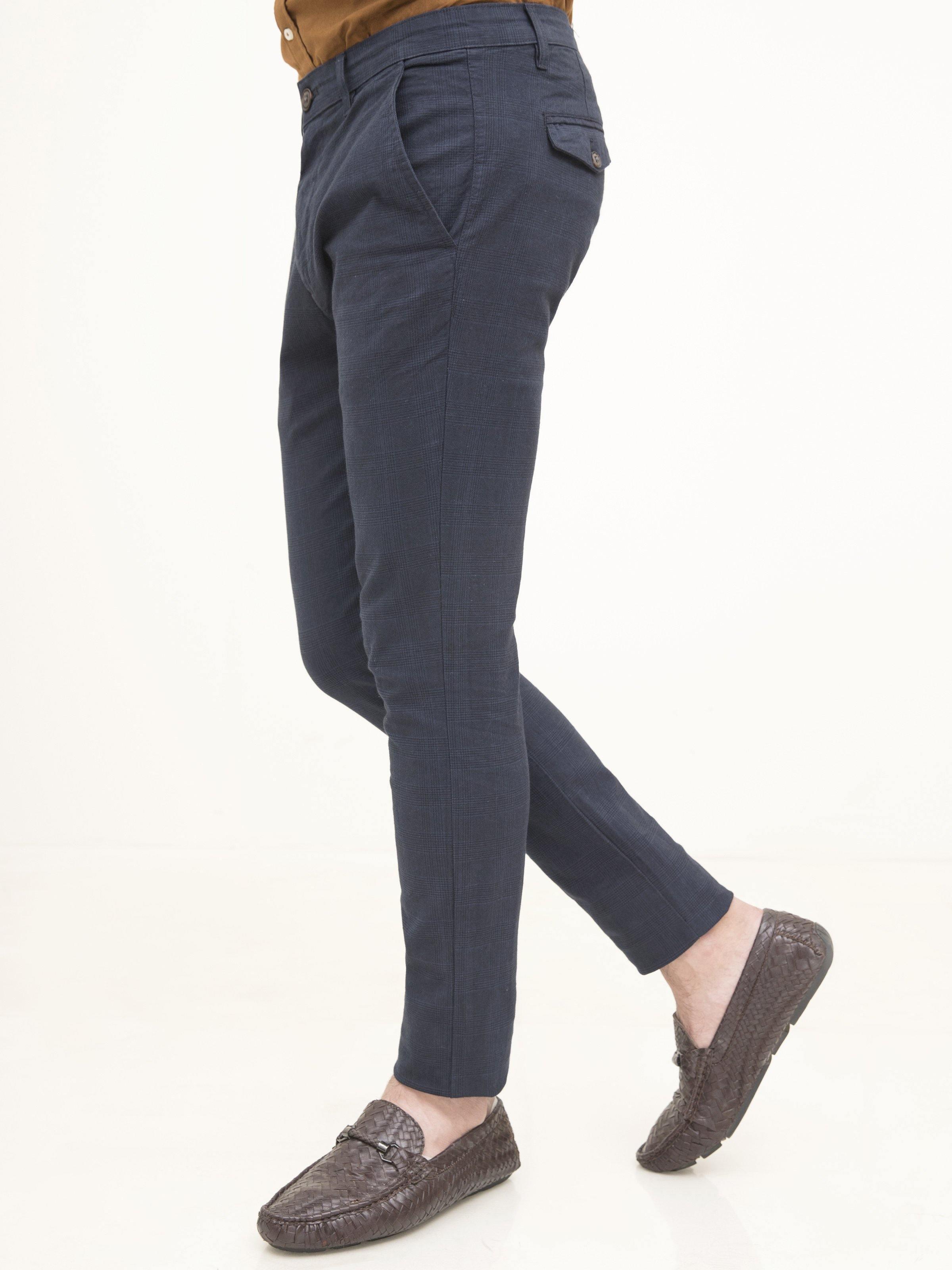 Navy casual pants with cross pocket and flap, slim straight leg