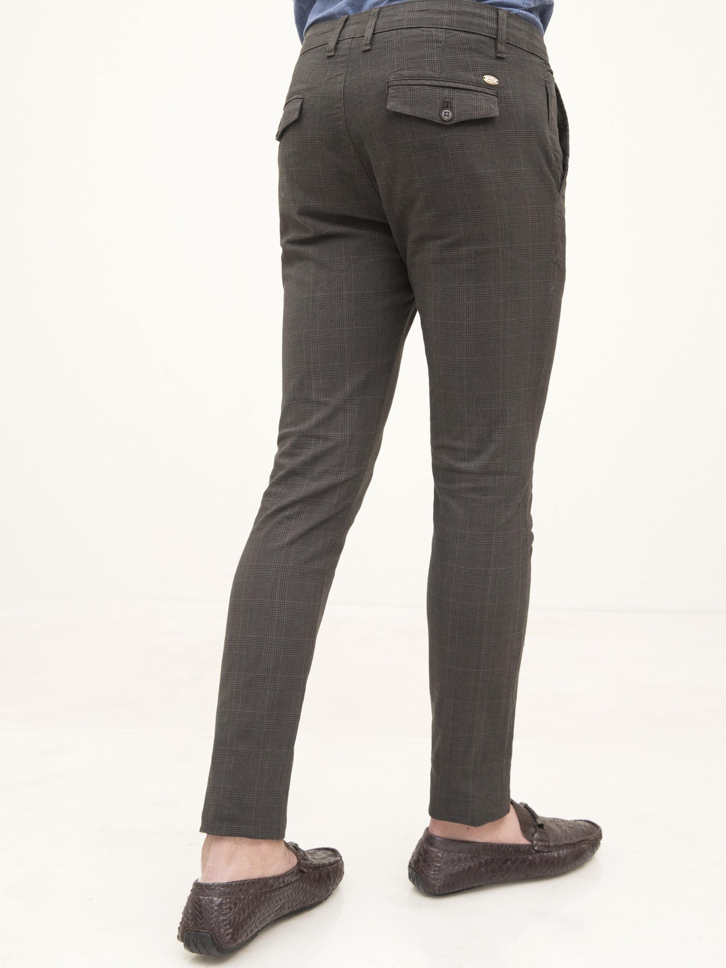Dark olive casual pants with back flap pocket and tapered legs