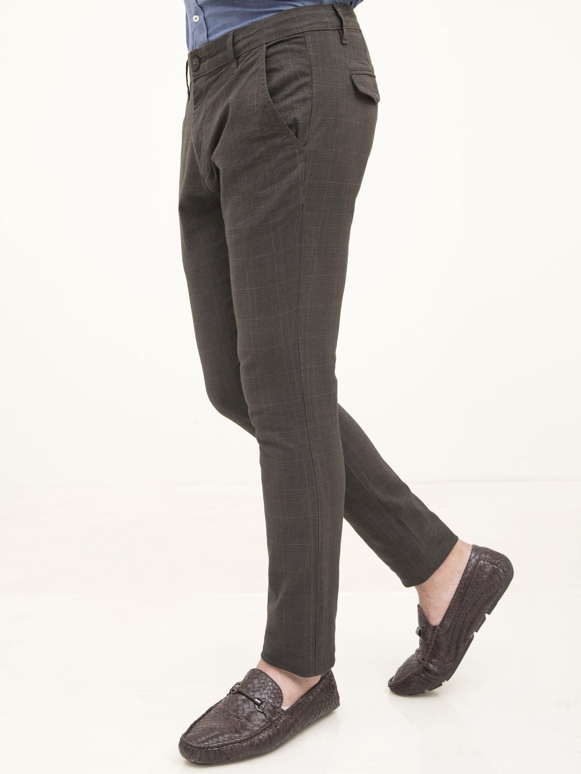 Dark olive casual pants with cross pocket flap and slim straight legs