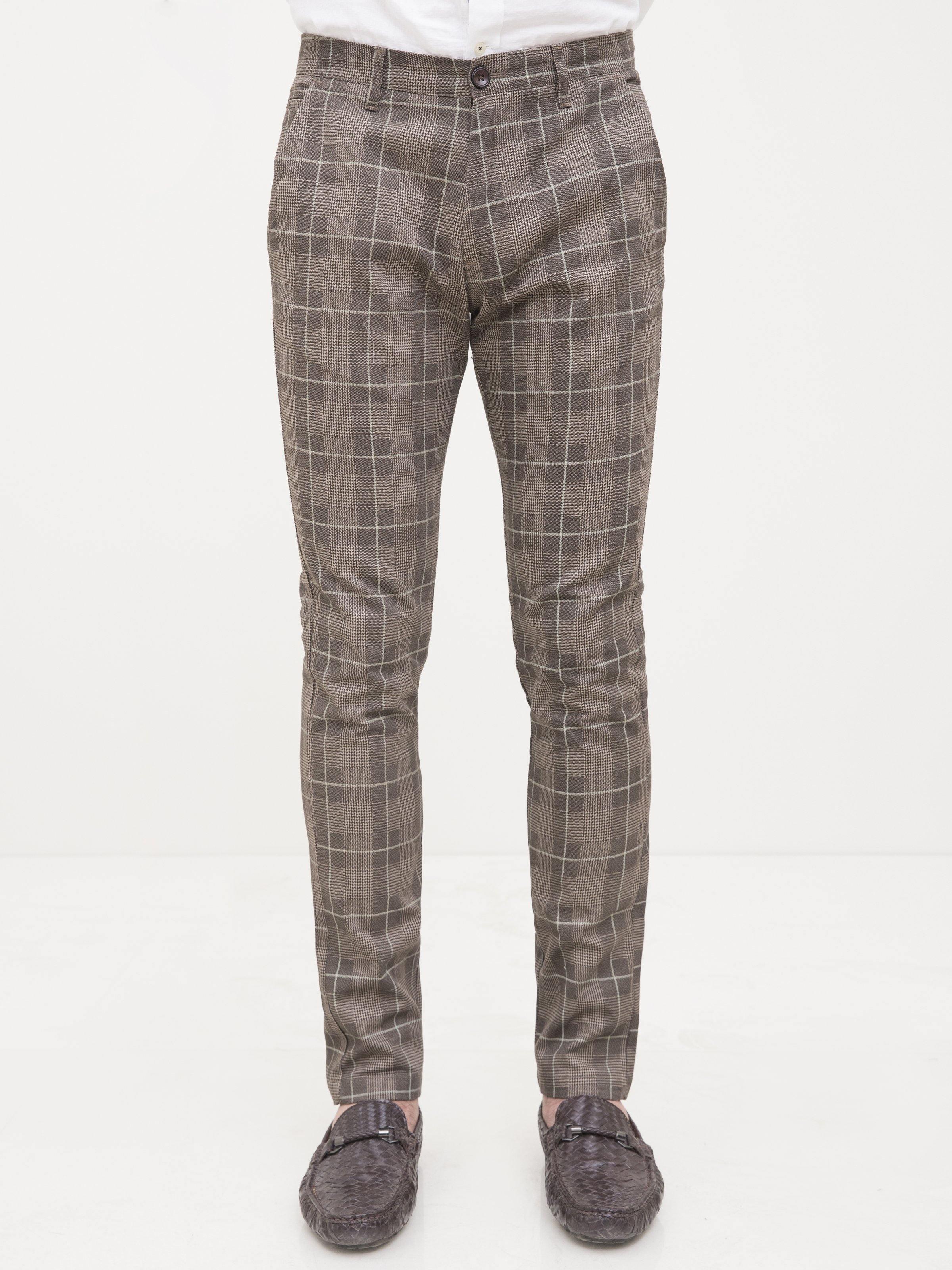 Slim-fit plaid pants with belt loops and side pockets, khaki brown