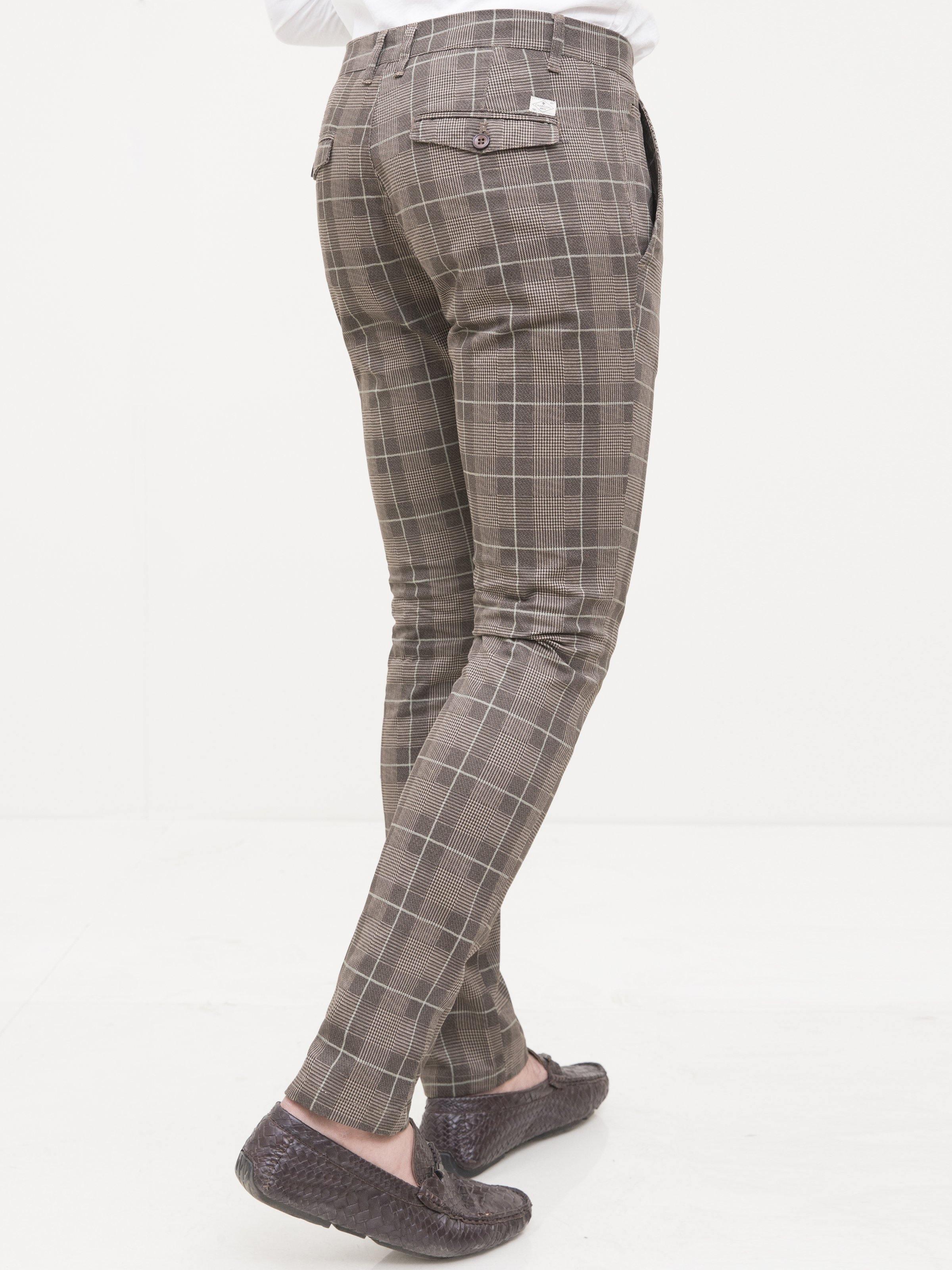 Slim-fit plaid pants with diagonal side pocket, khaki brown tones