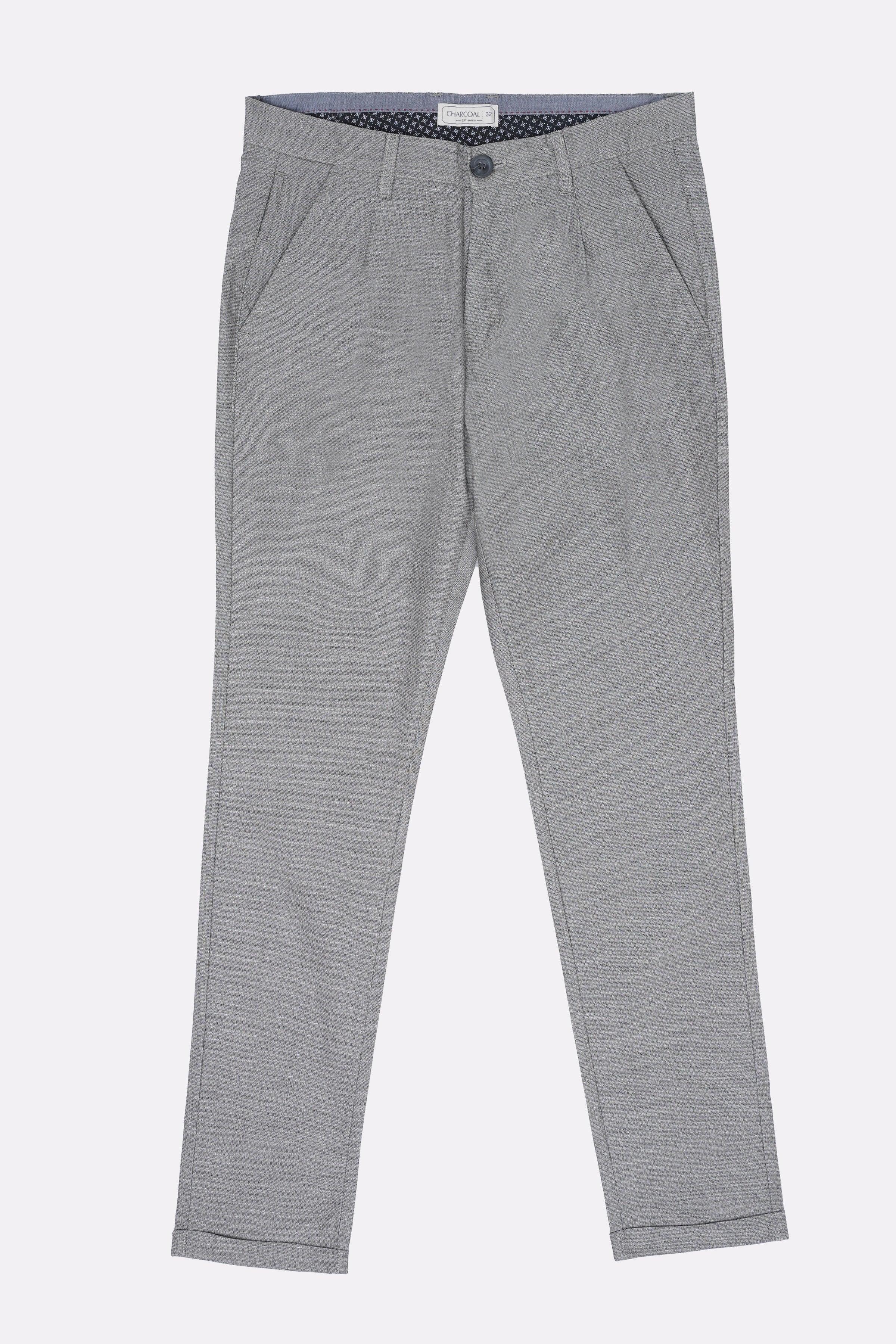 Grey casual trousers with zip fly, front pleats, and belt loops