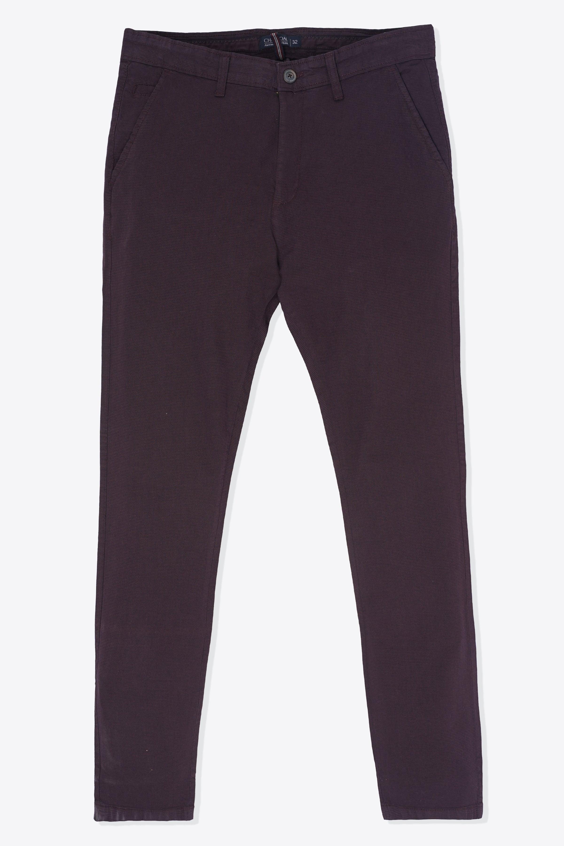 Maroon casual pants with belt loops, zip fly, and front slant pockets
