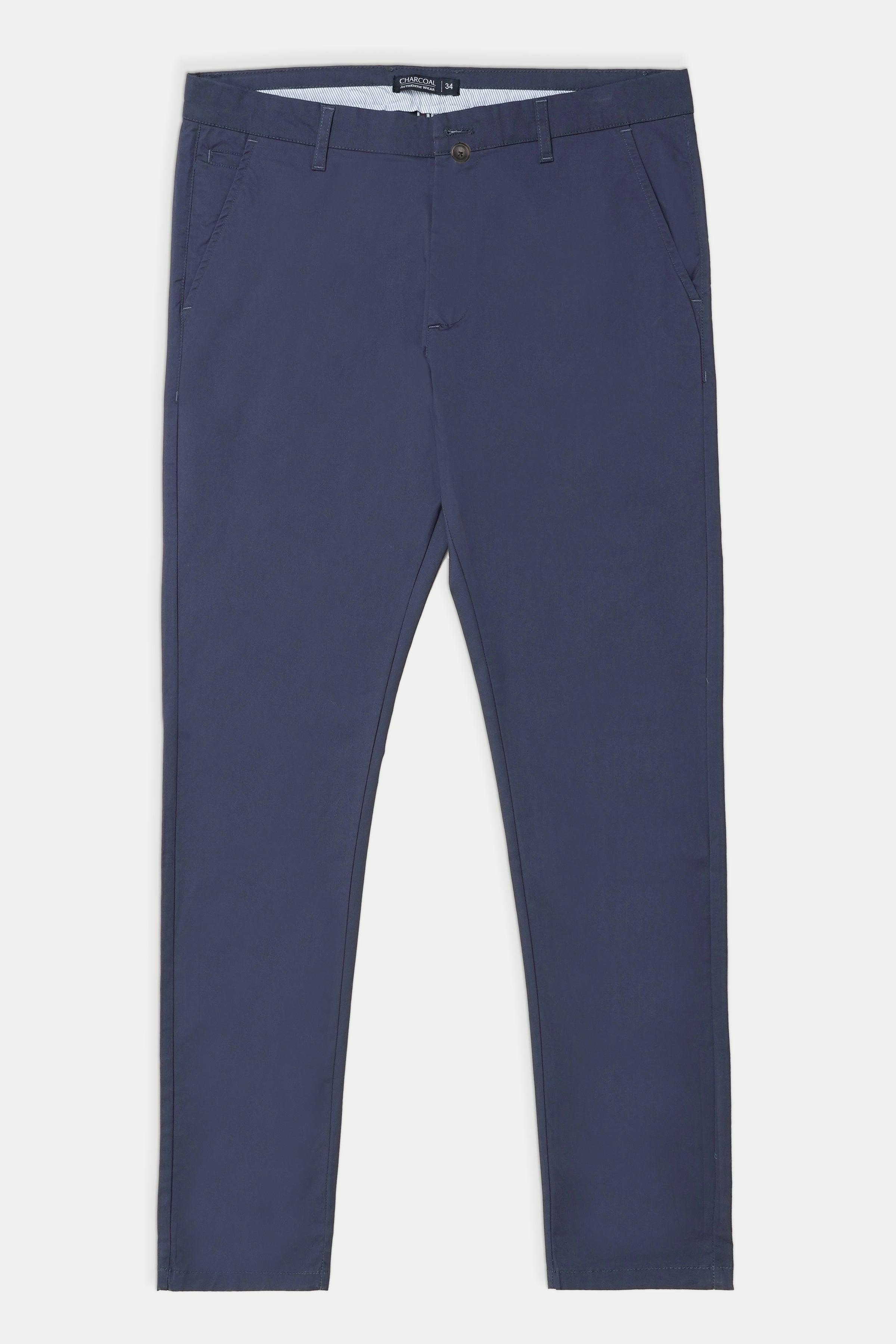 Navy casual pants with belt loops and front button closure