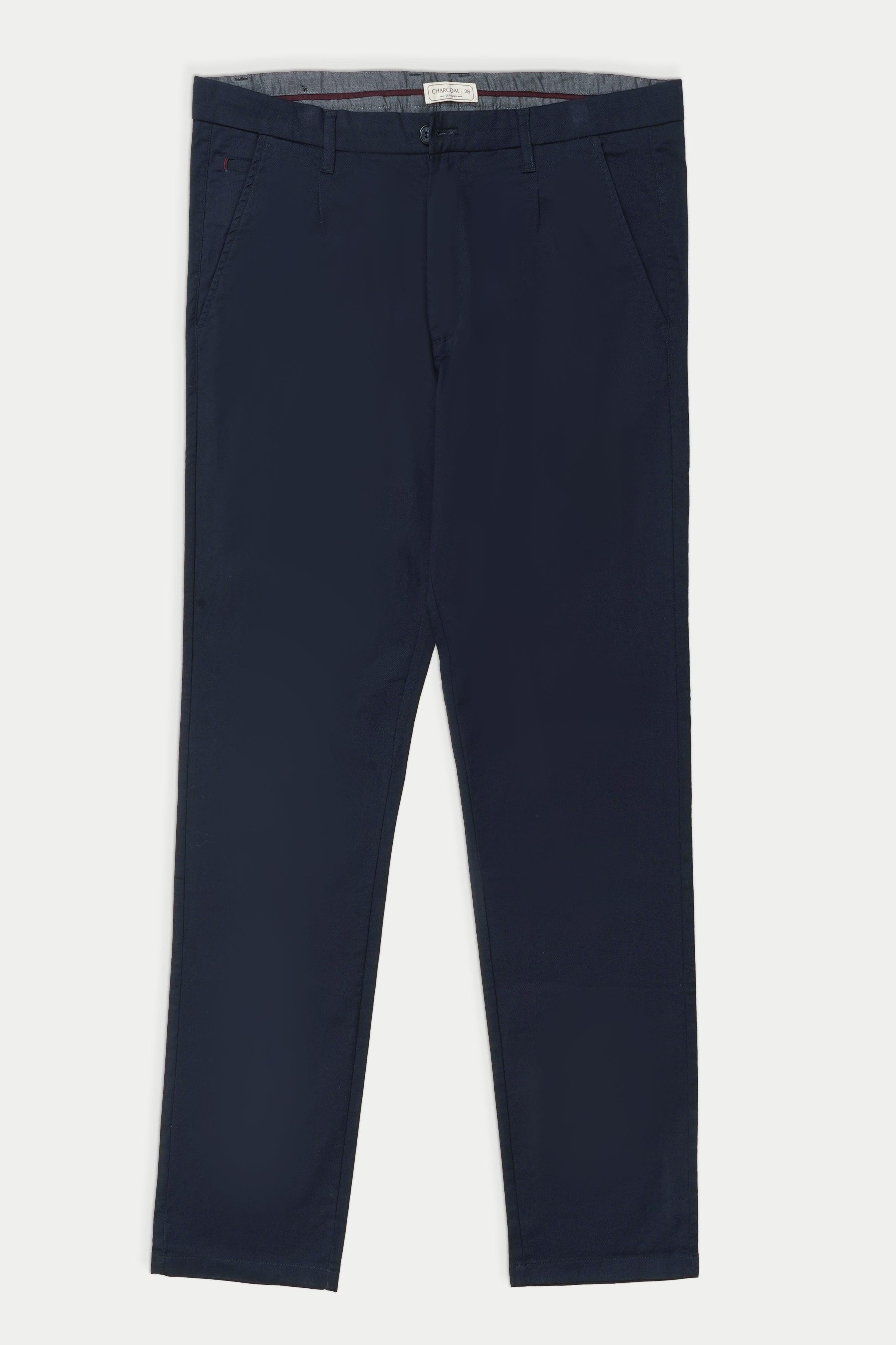 Navy casual pants with flat front and belt loops