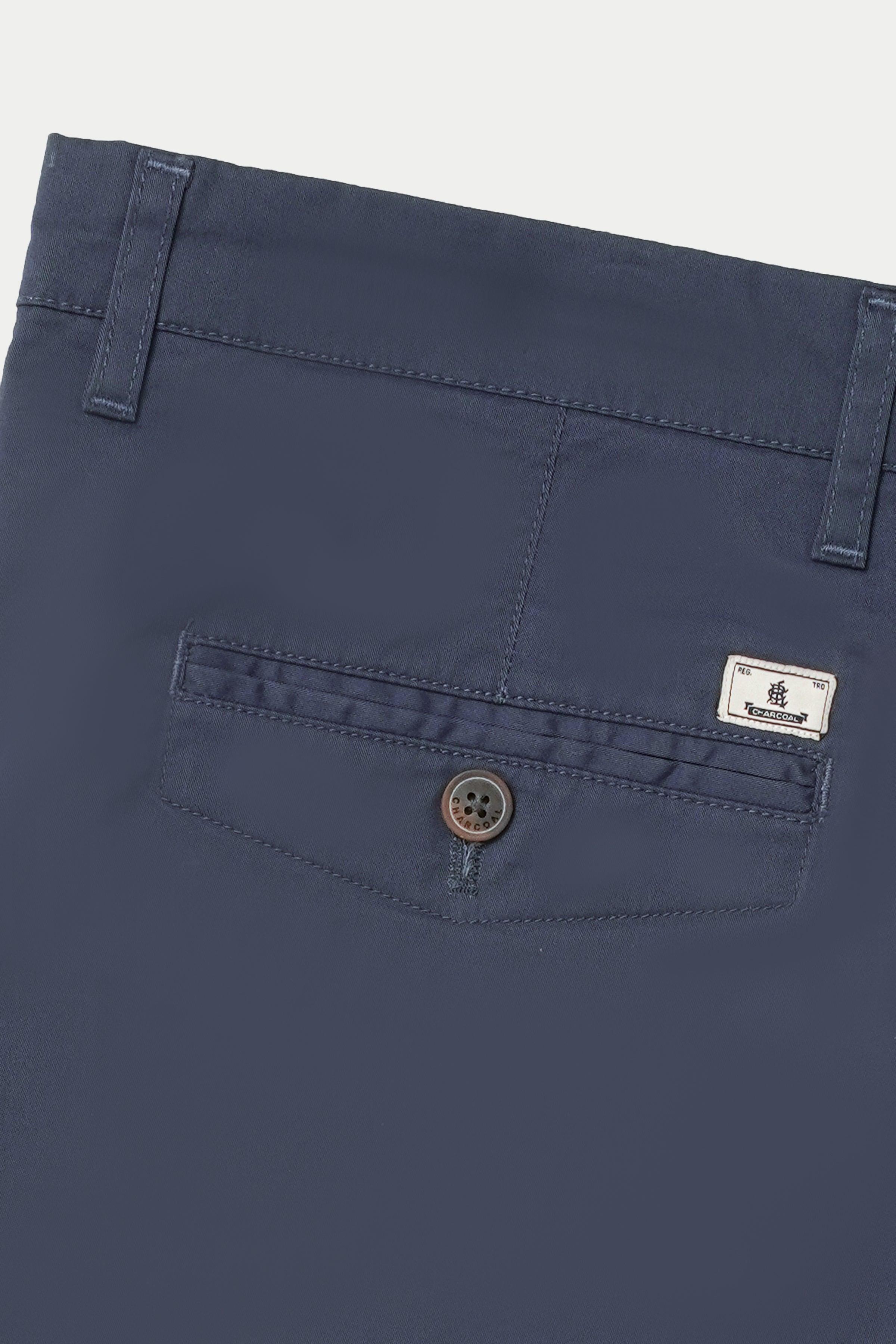 Navy casual pants back pocket with button and stitched details