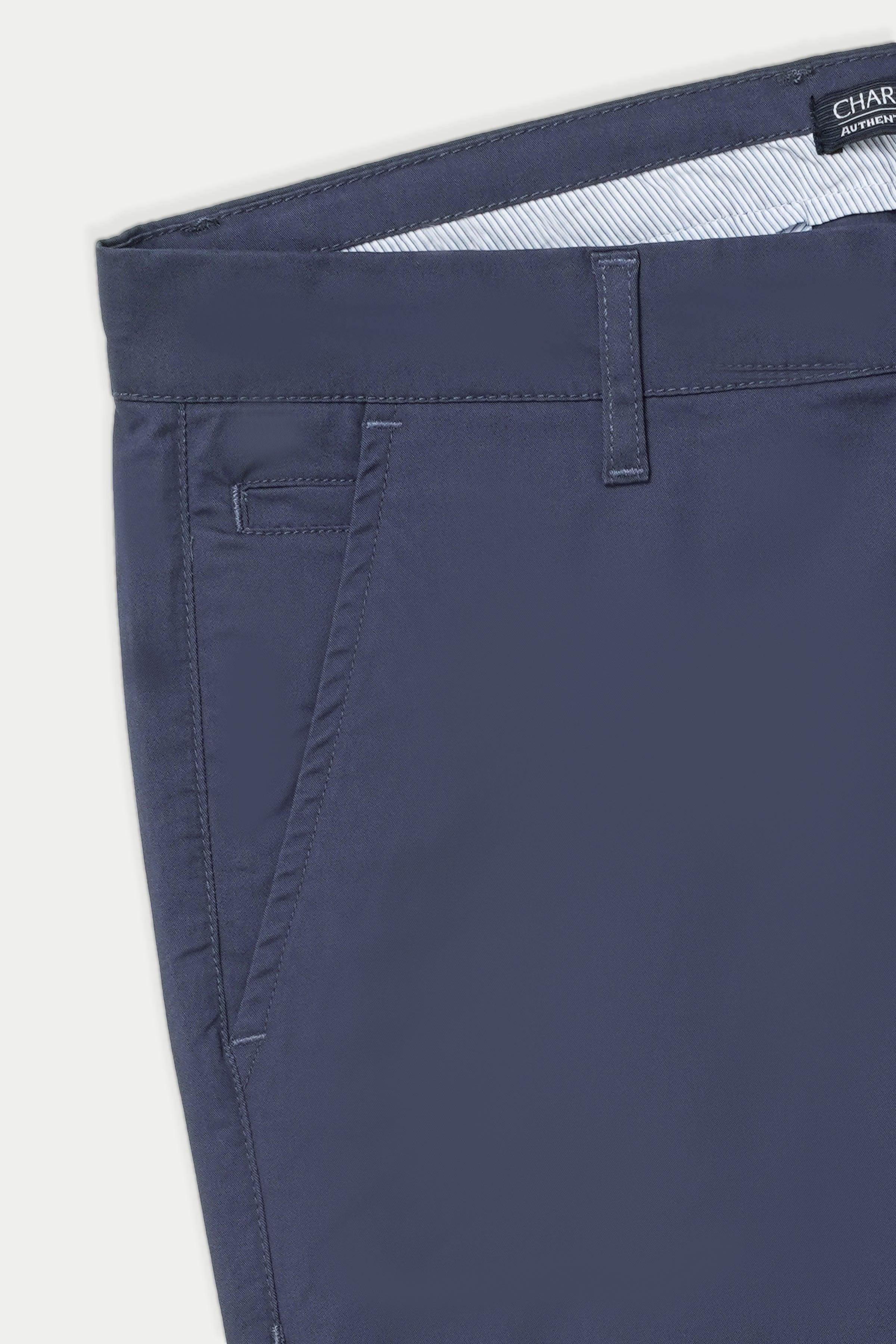 Navy casual pants waistband and zip fly with side pockets