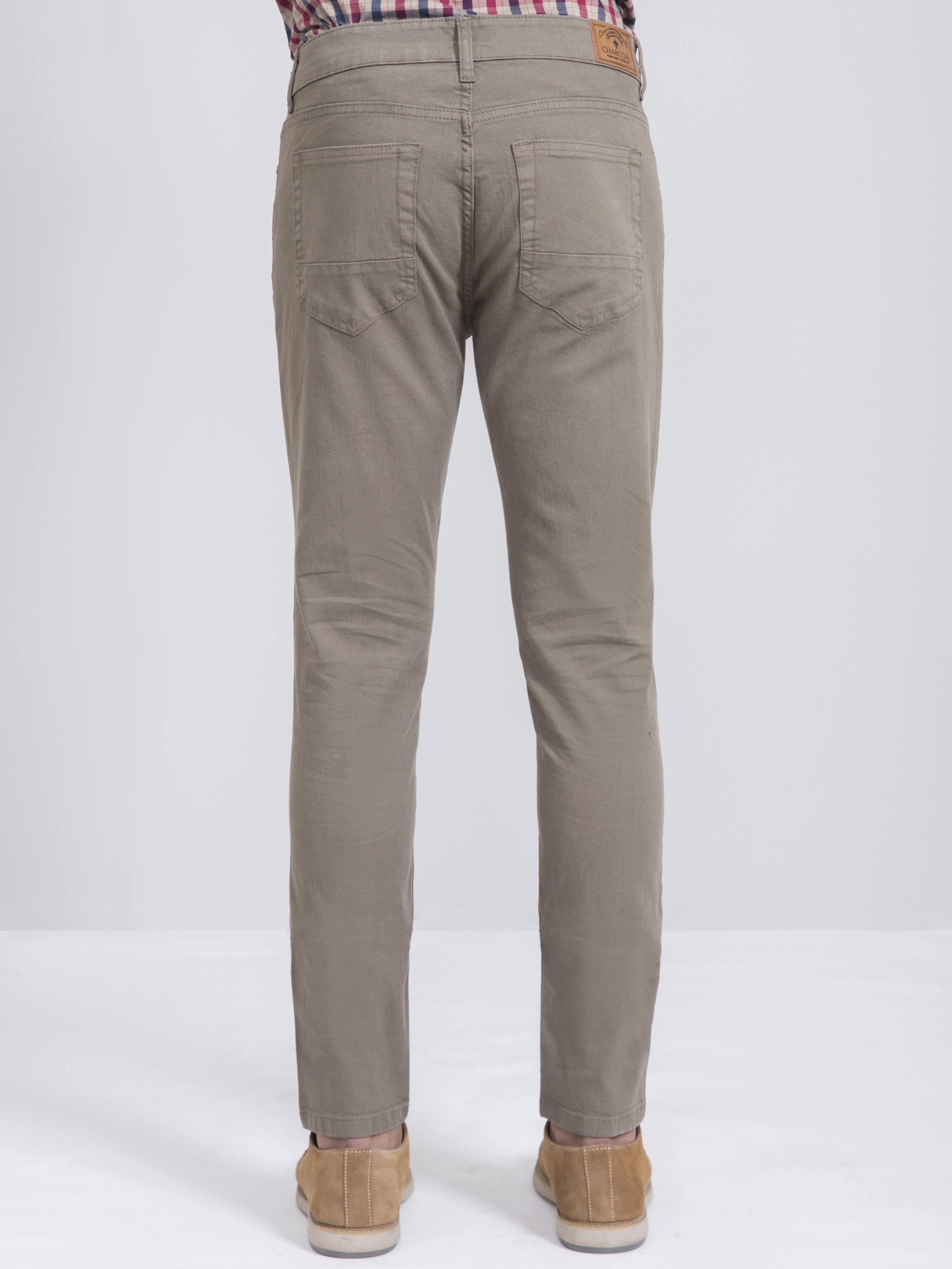Light olive slim-fit 5-pocket casual pants, back pockets and belt loops