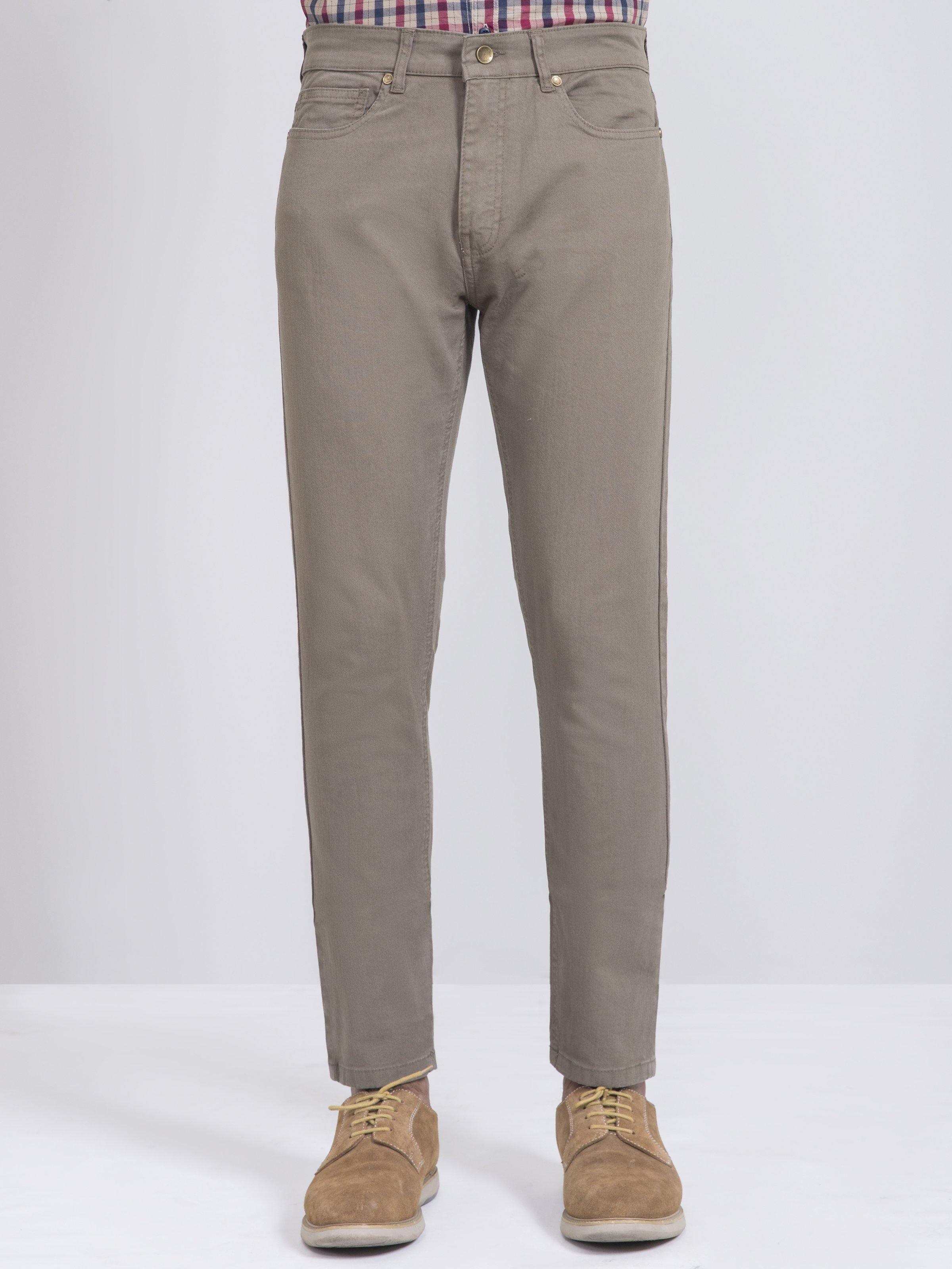 Light olive slim-fit 5-pocket casual pants, straight front with belt loops
