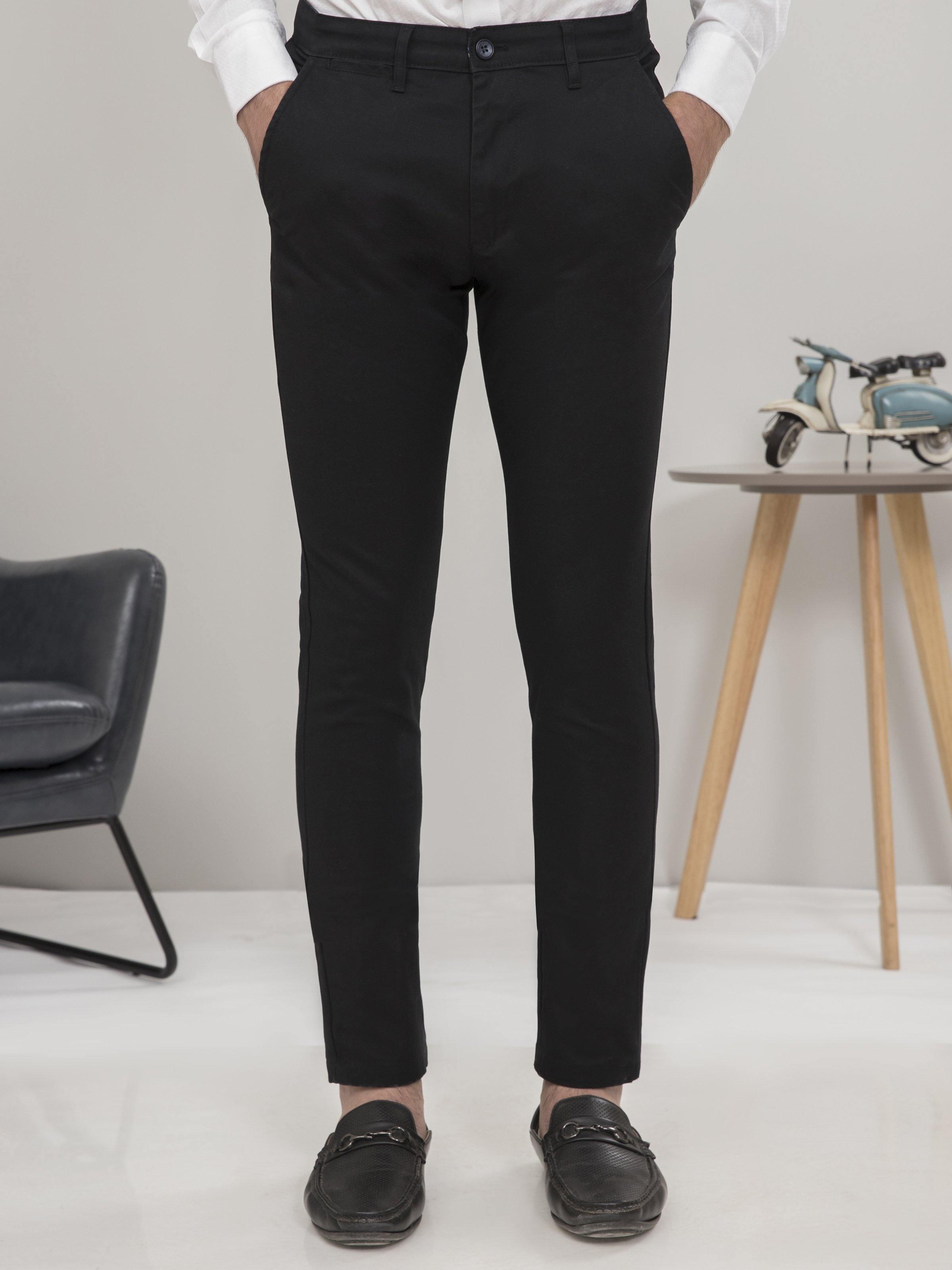 Black slim-fit casual pants, front button closure and tapered legs