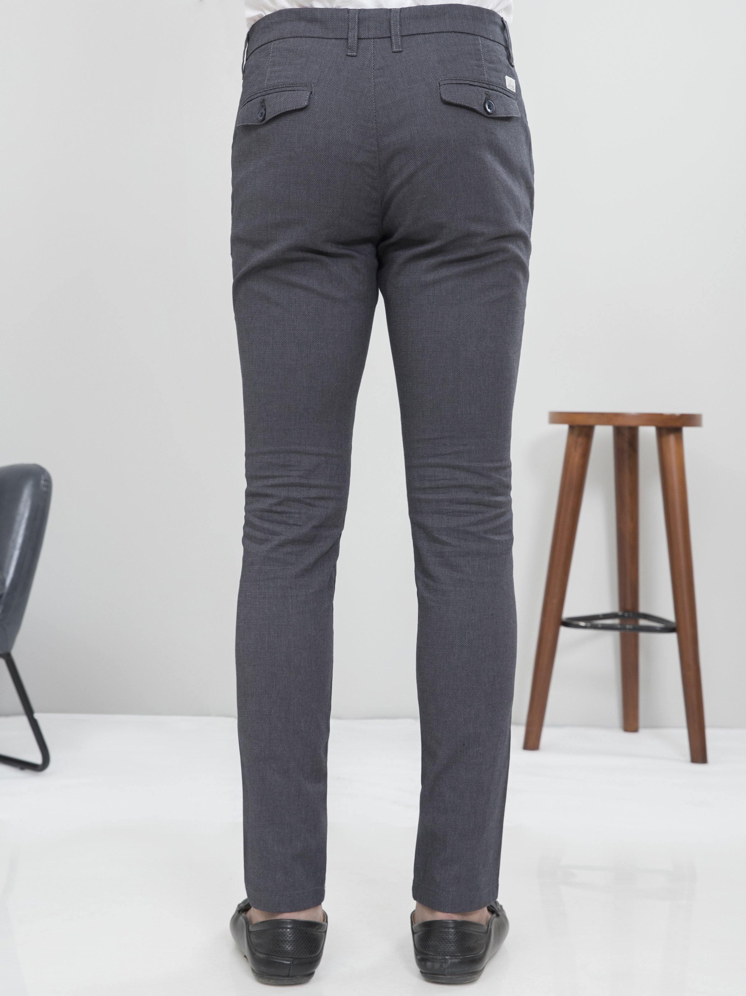 Blue-black slim fit casual pants, back view with back pockets and belt loops