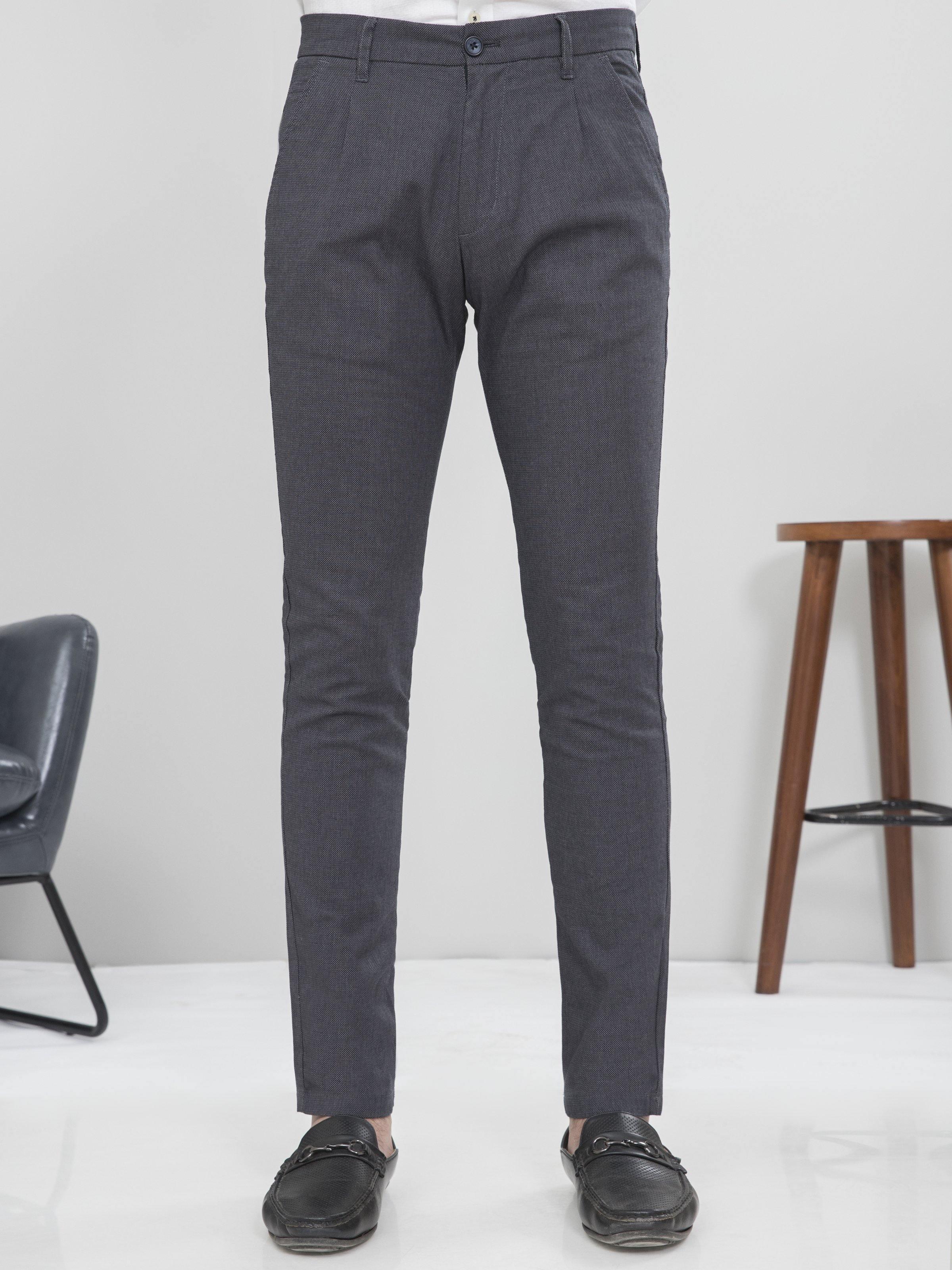 Blue-black slim fit casual pants, front view with button closure and belt loops