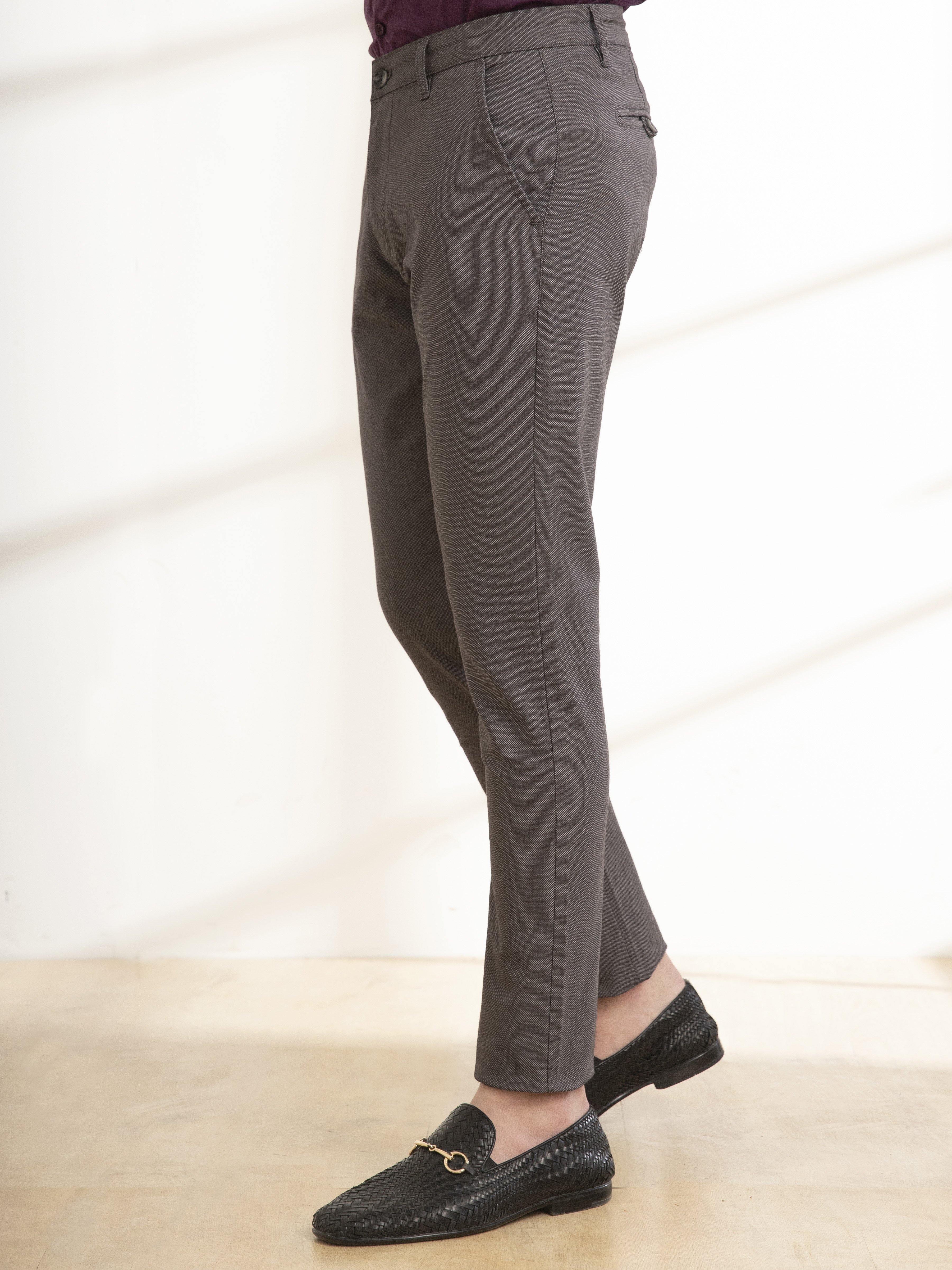 Charcoal slim-fit casual pants with side pockets and tapered legs