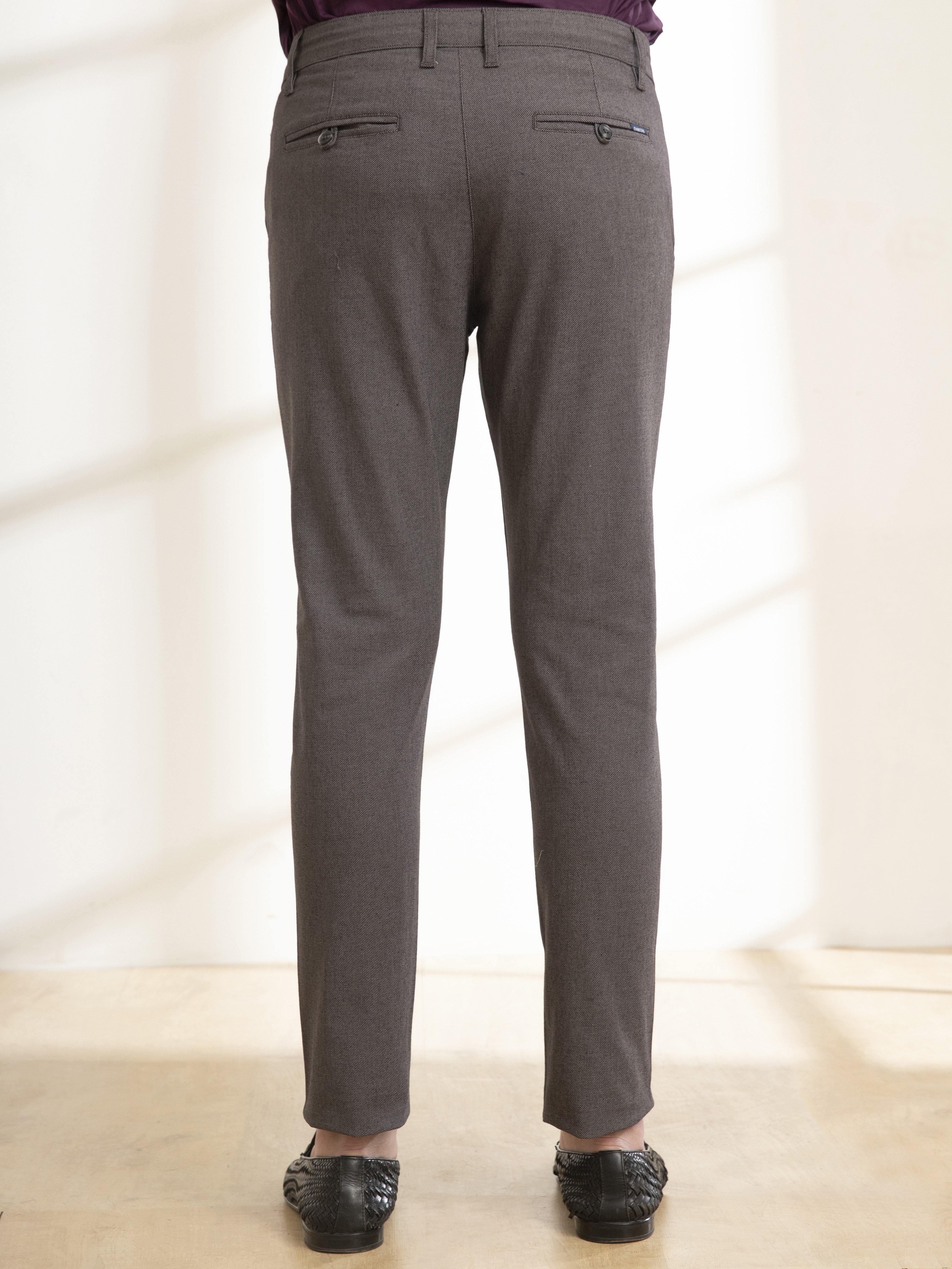 Charcoal slim-fit casual pants, back view with welt pockets