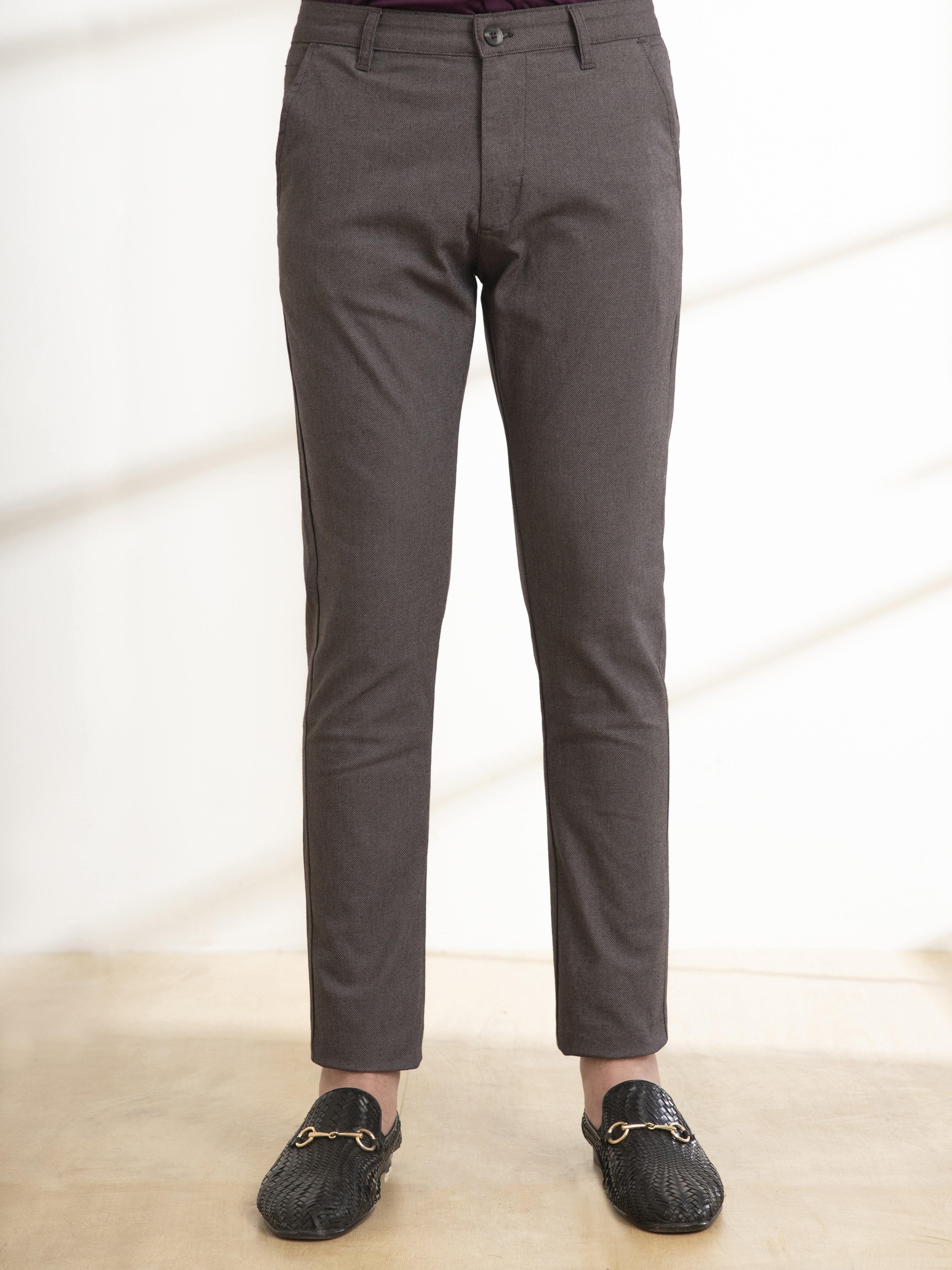 Charcoal slim-fit casual pants, front view with belt loops and button fly