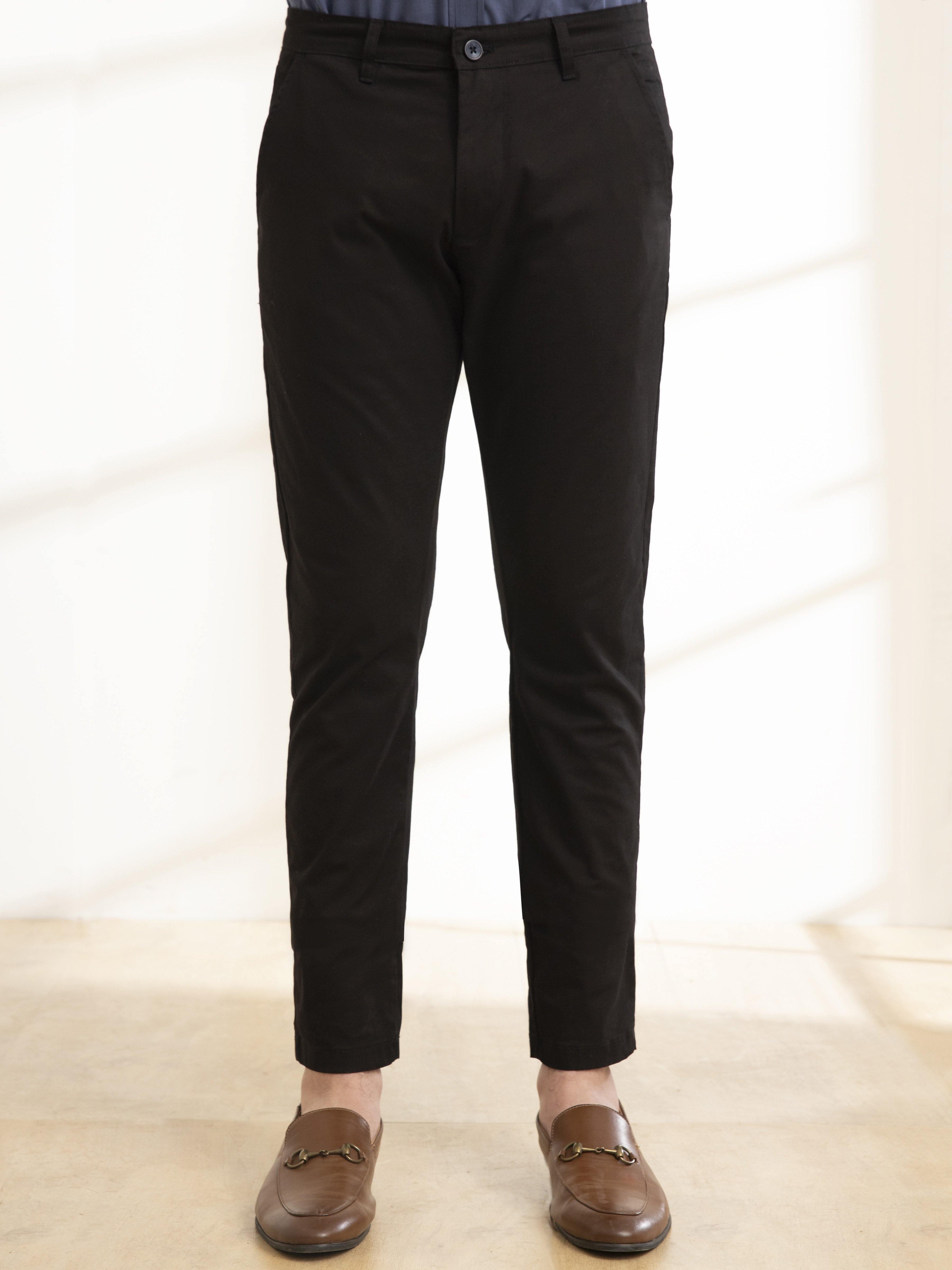 Slim-fit black casual pants with button closure, crease front, belt loops