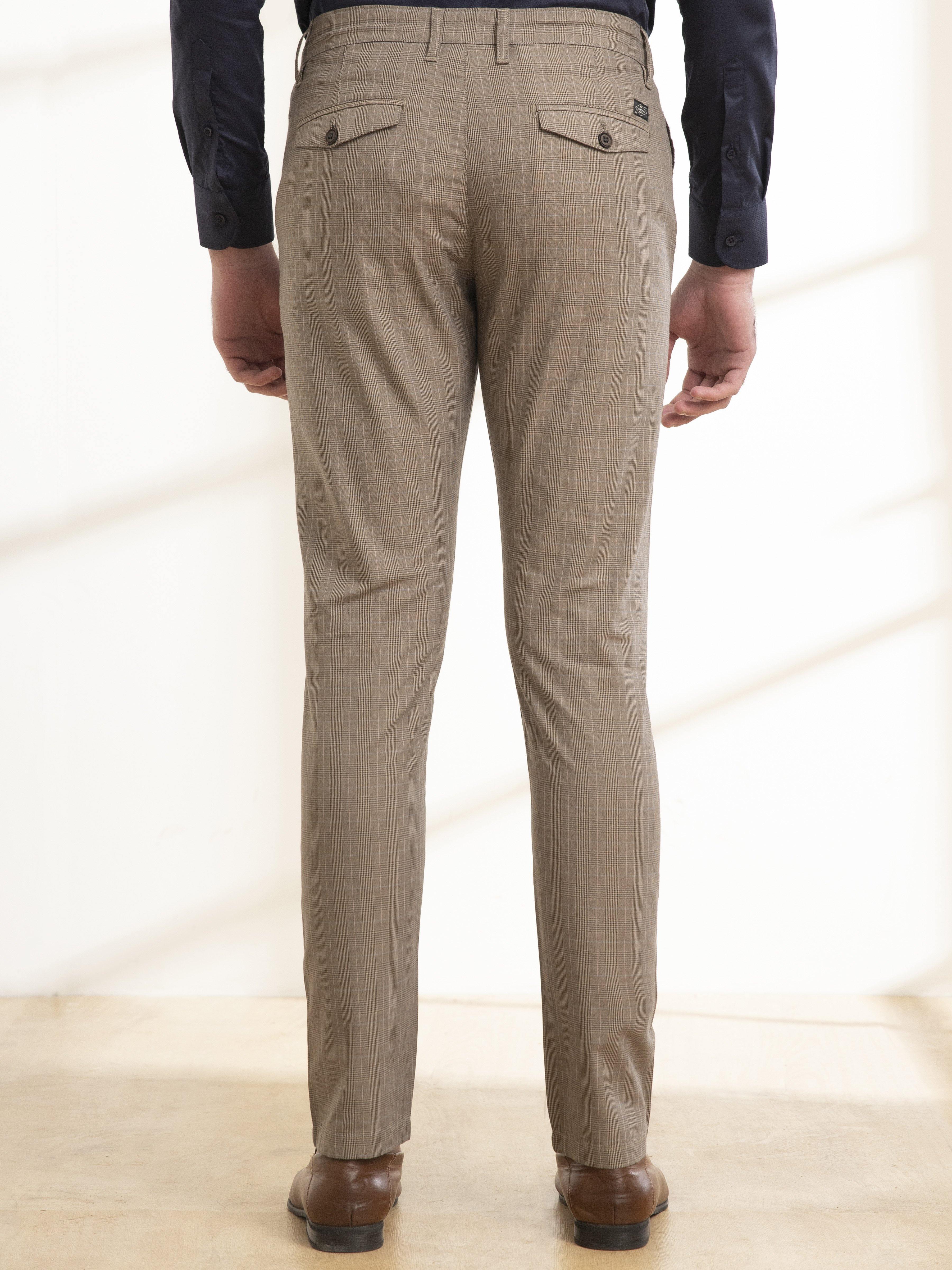 Slim-fit casual pants back view, brown khaki plaid with two flap pockets