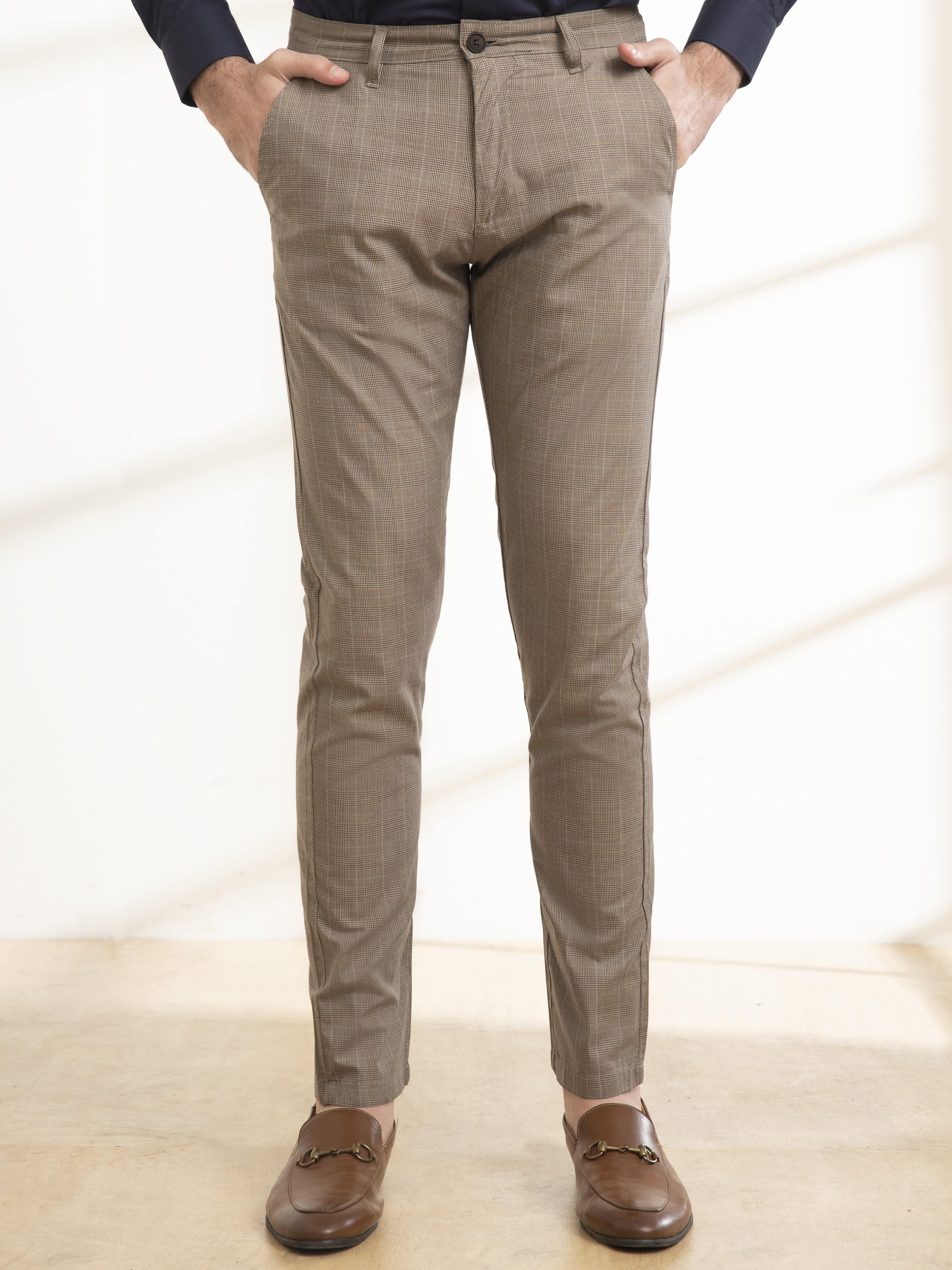 Slim-fit casual pants in brown khaki plaid, zip fly, front crease lines