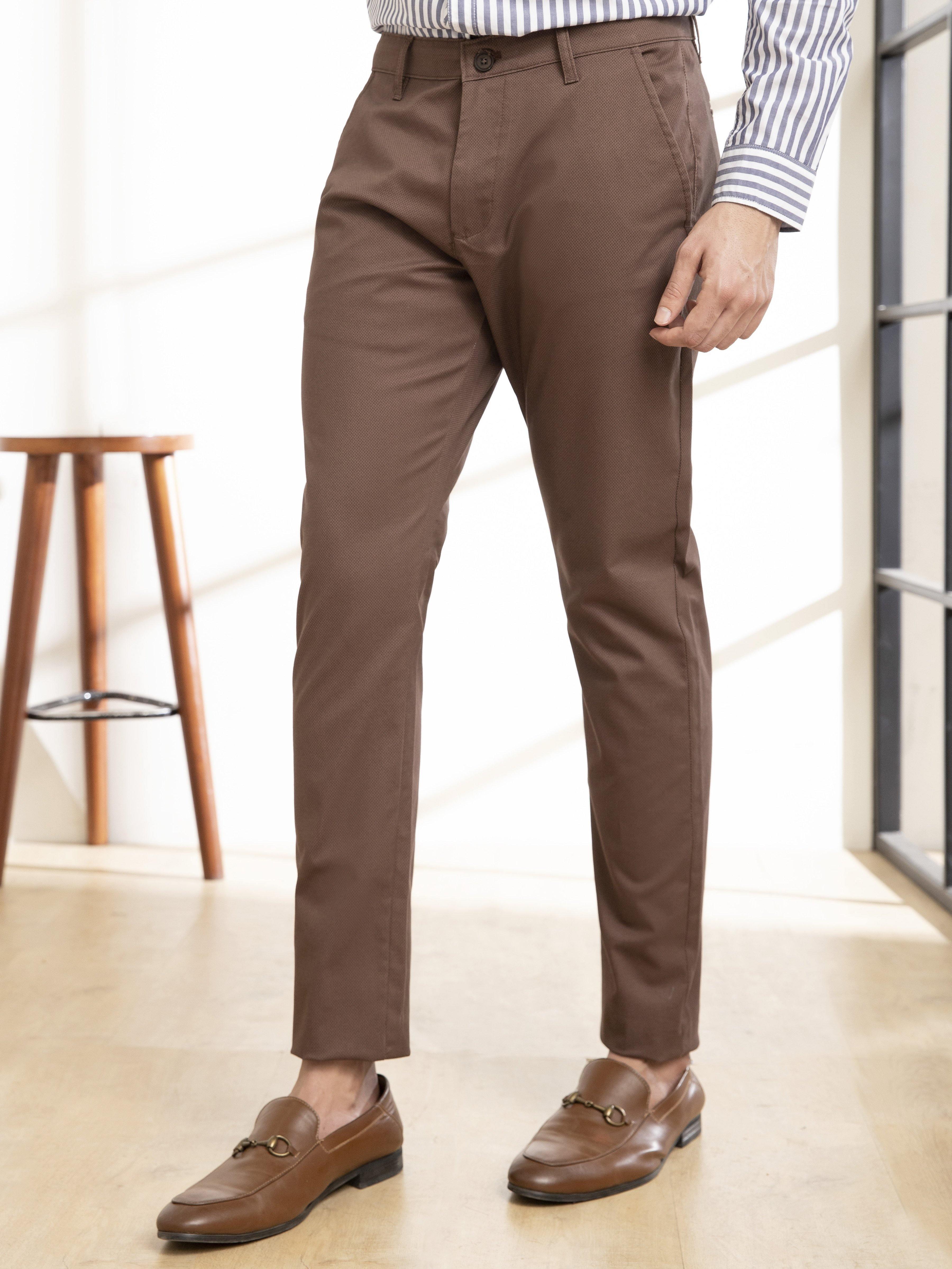Slim-fit casual pants, dark brown, front cross pockets, cuffed hems