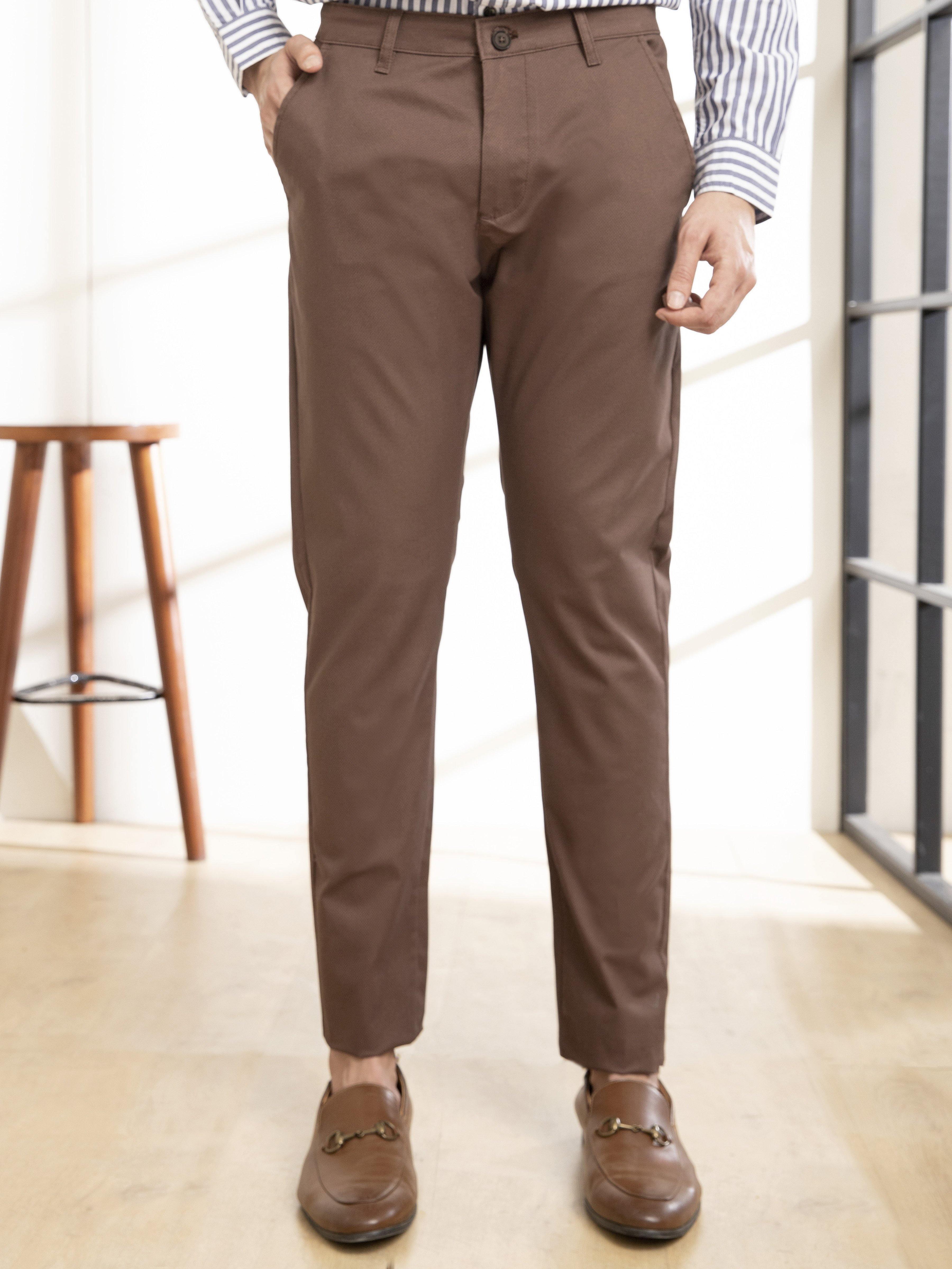 Slim-fit casual pants, dark brown, straight leg with belt loops and ankle cuffs