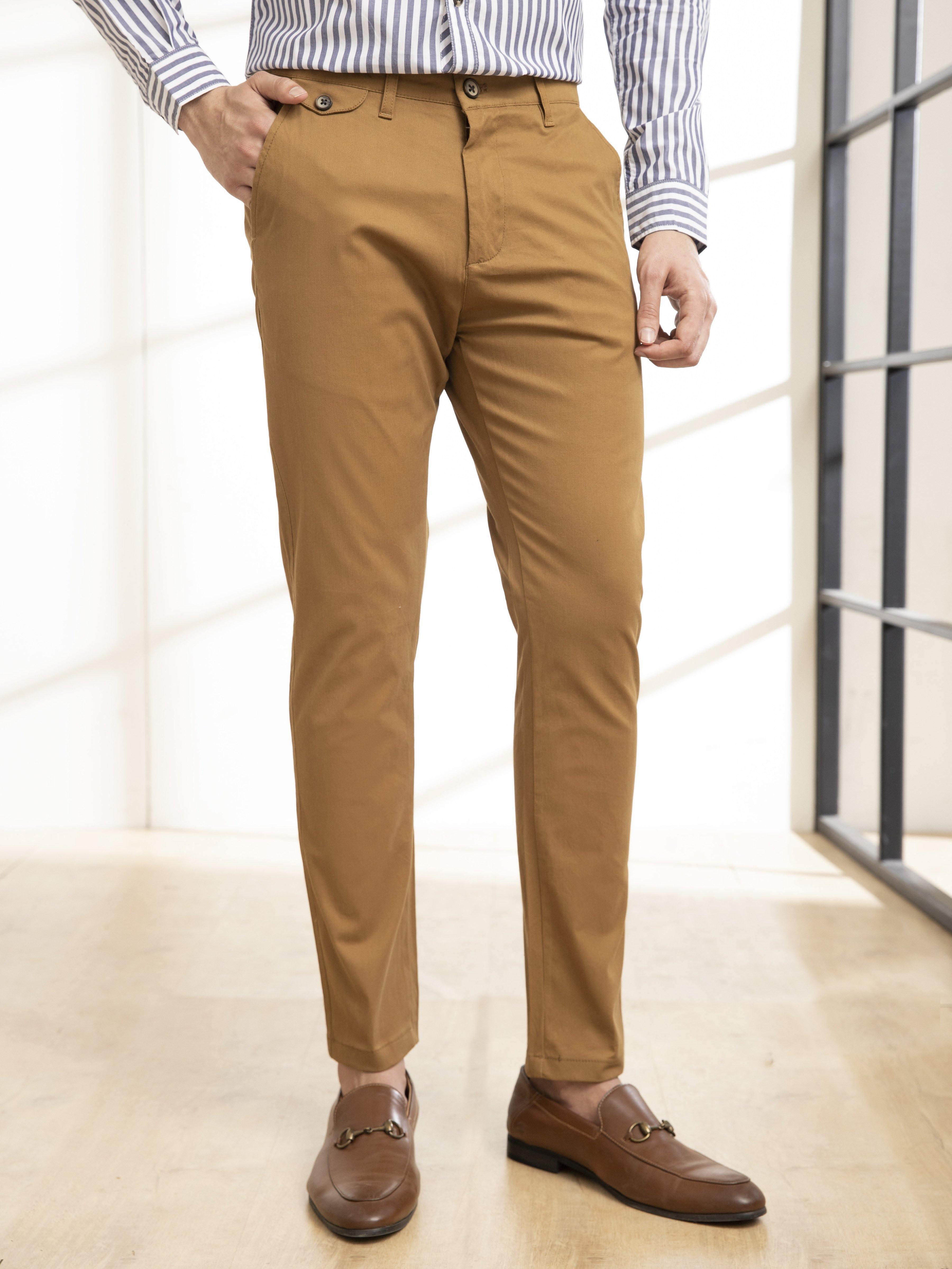 Camel slim-fit casual pants with button waist and front slash pockets