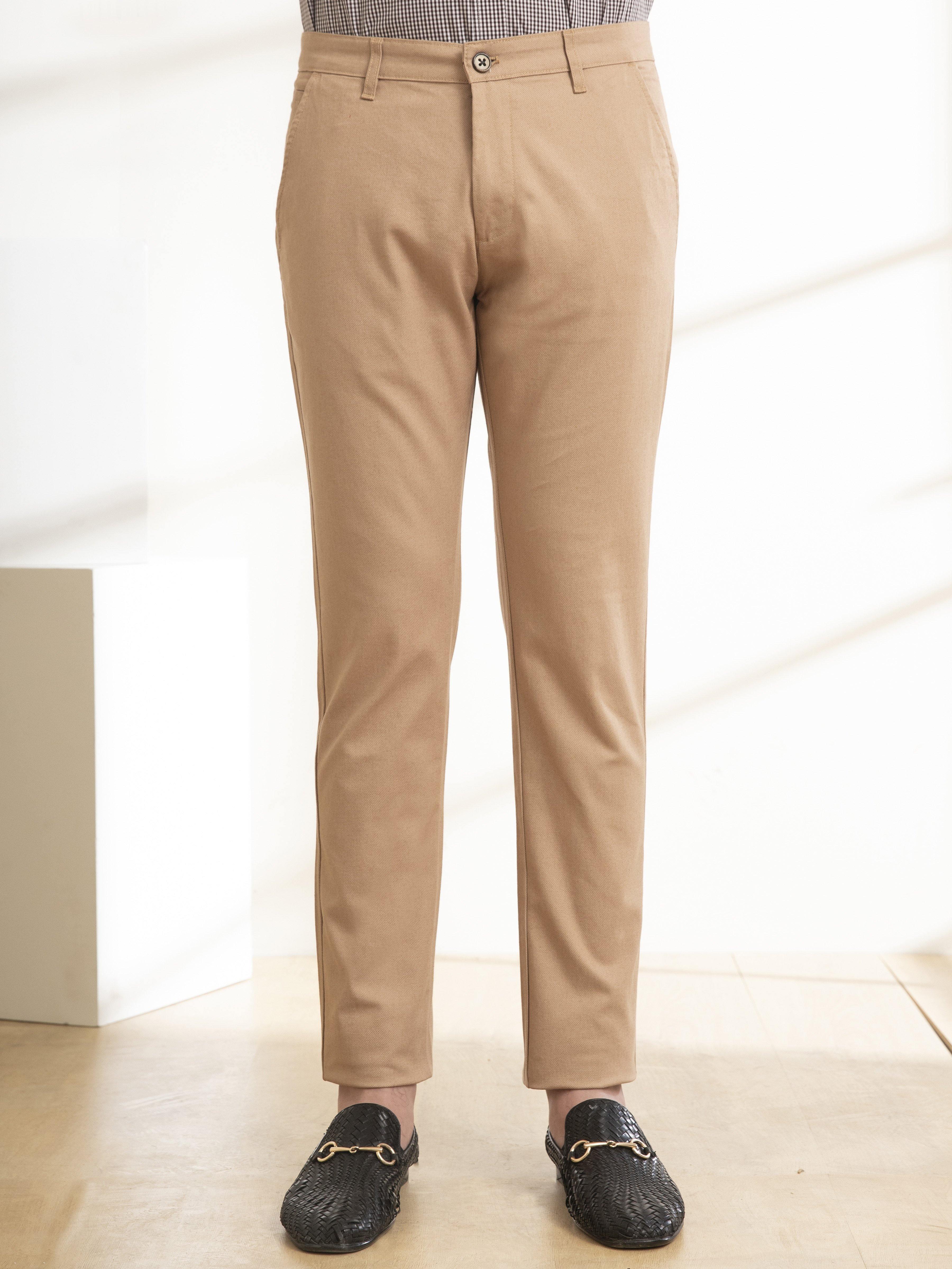 Slim-fit khaki casual pants with belt loops and front button closure