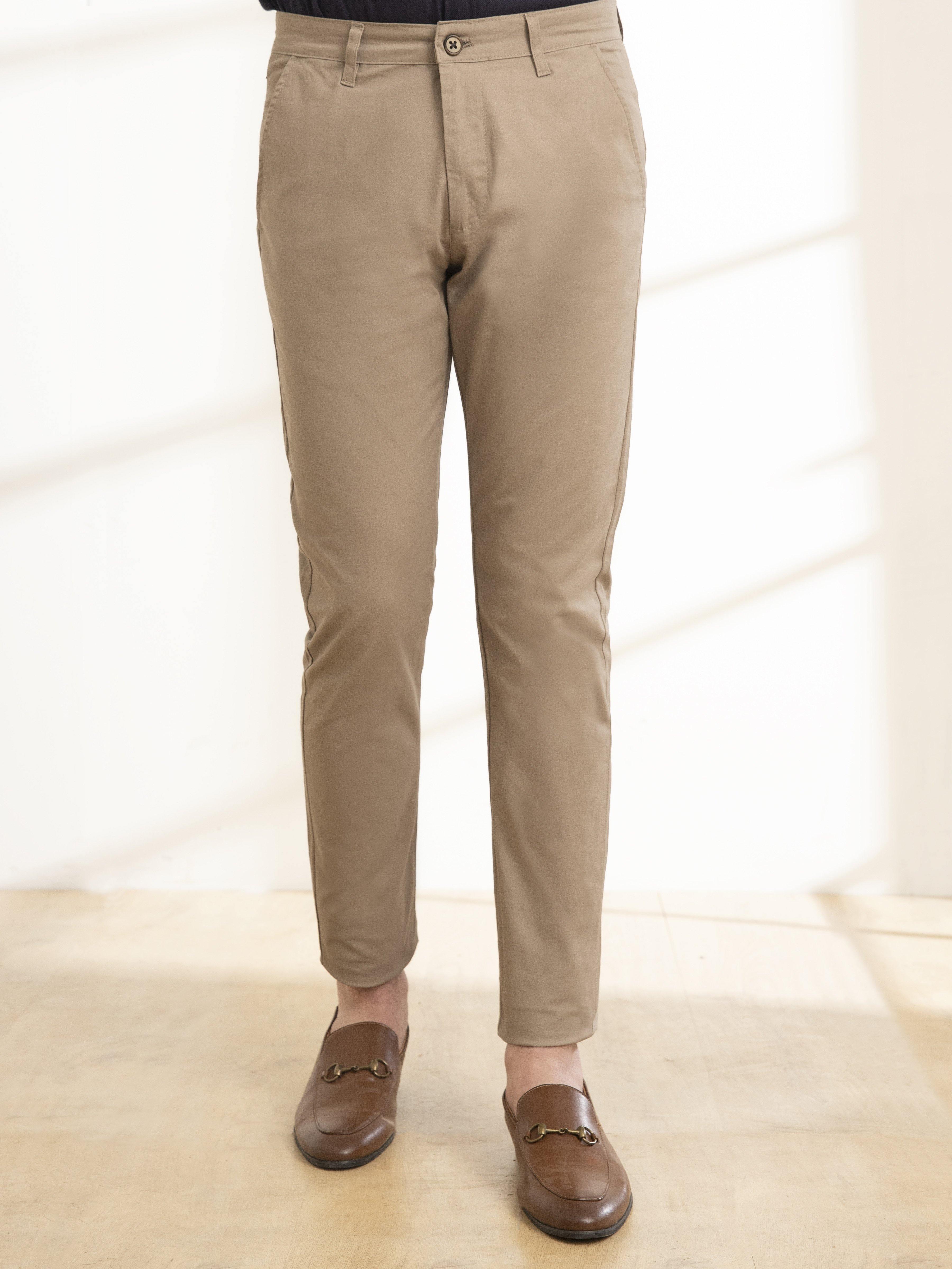 Slim-fit khaki casual pants, full length with belt loops