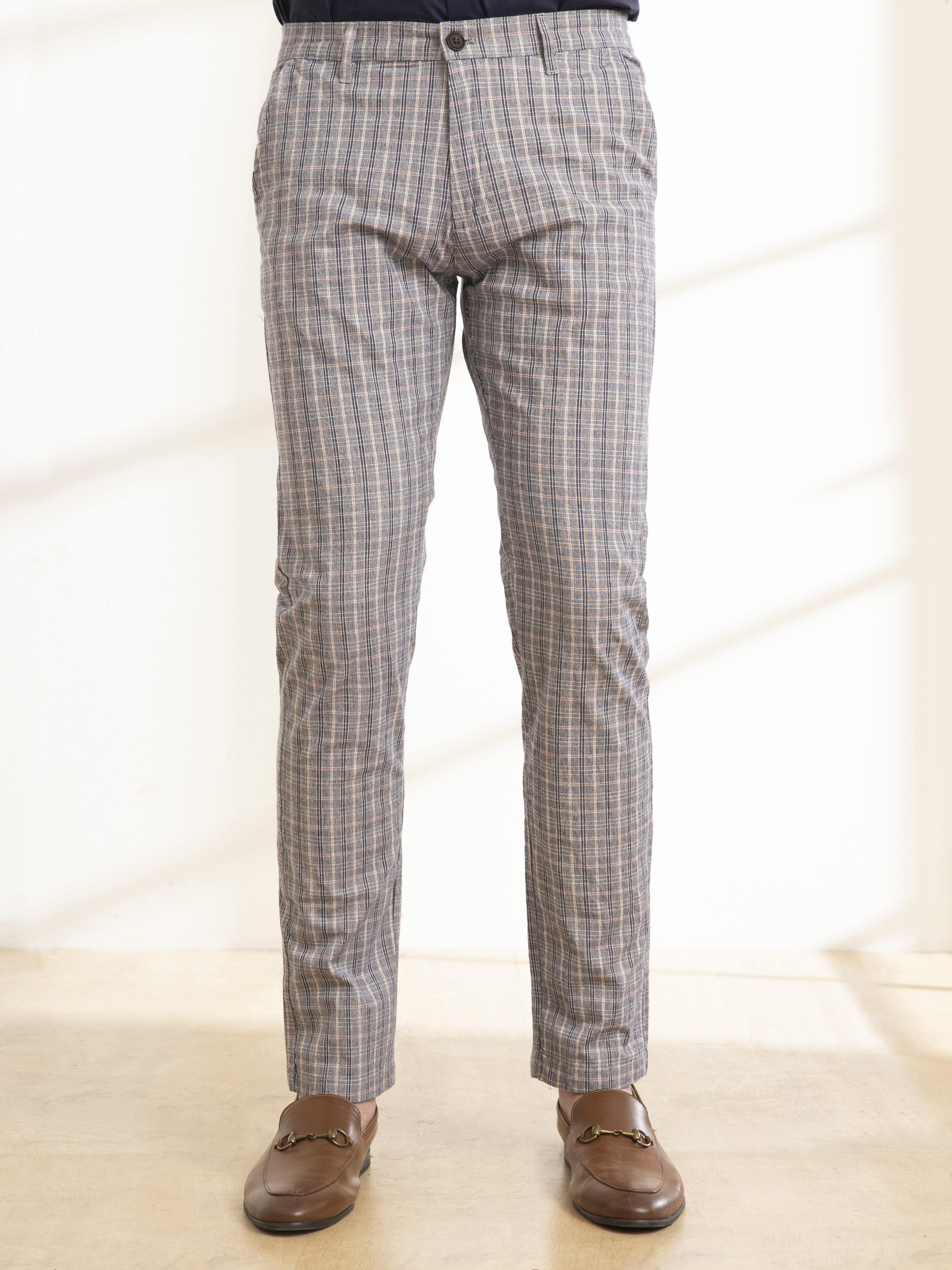Slim-fit plaid trousers with button fly and belt loops