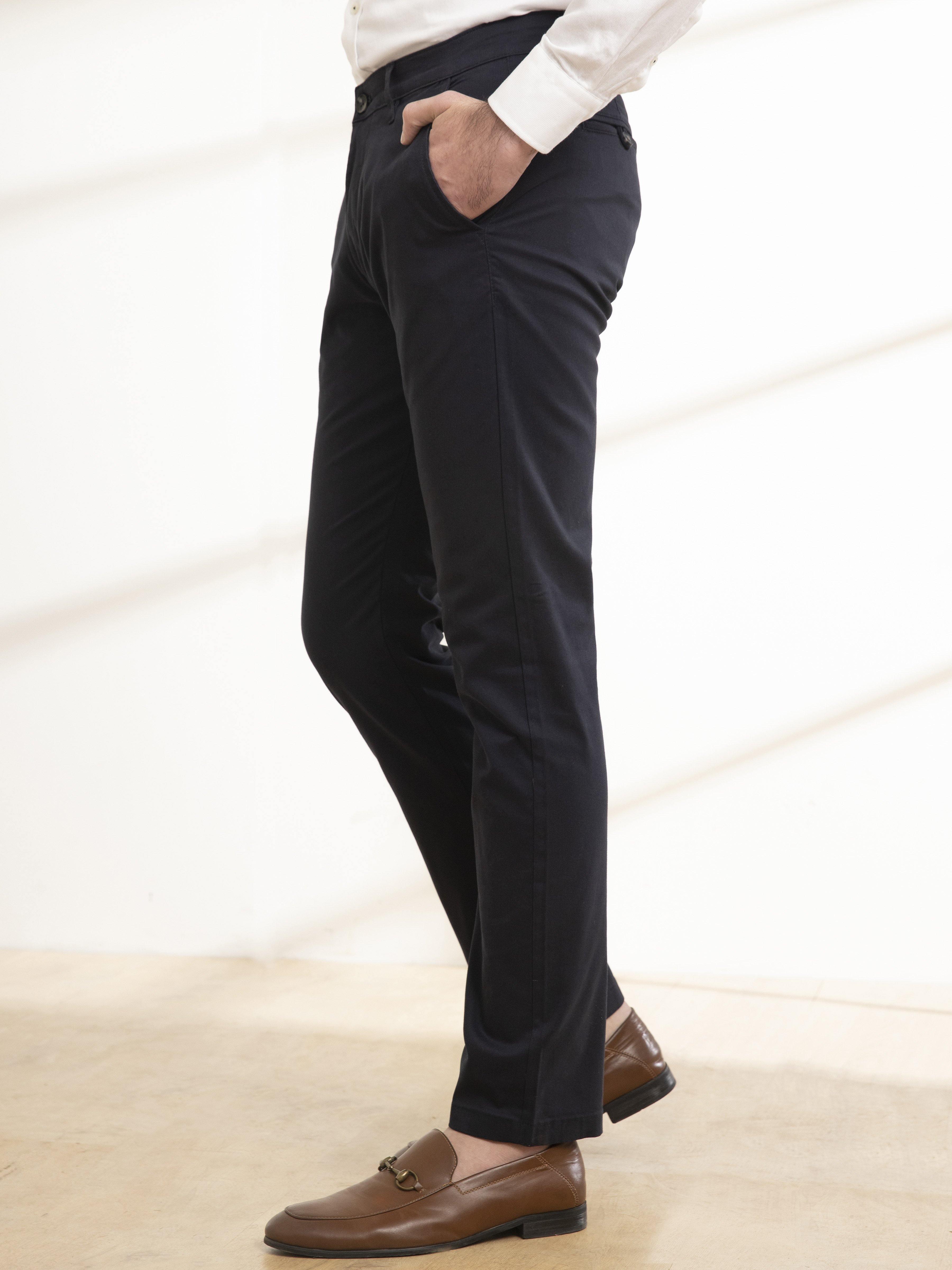 Slim-fit casual pants, dark navy, front slant pockets and button closure