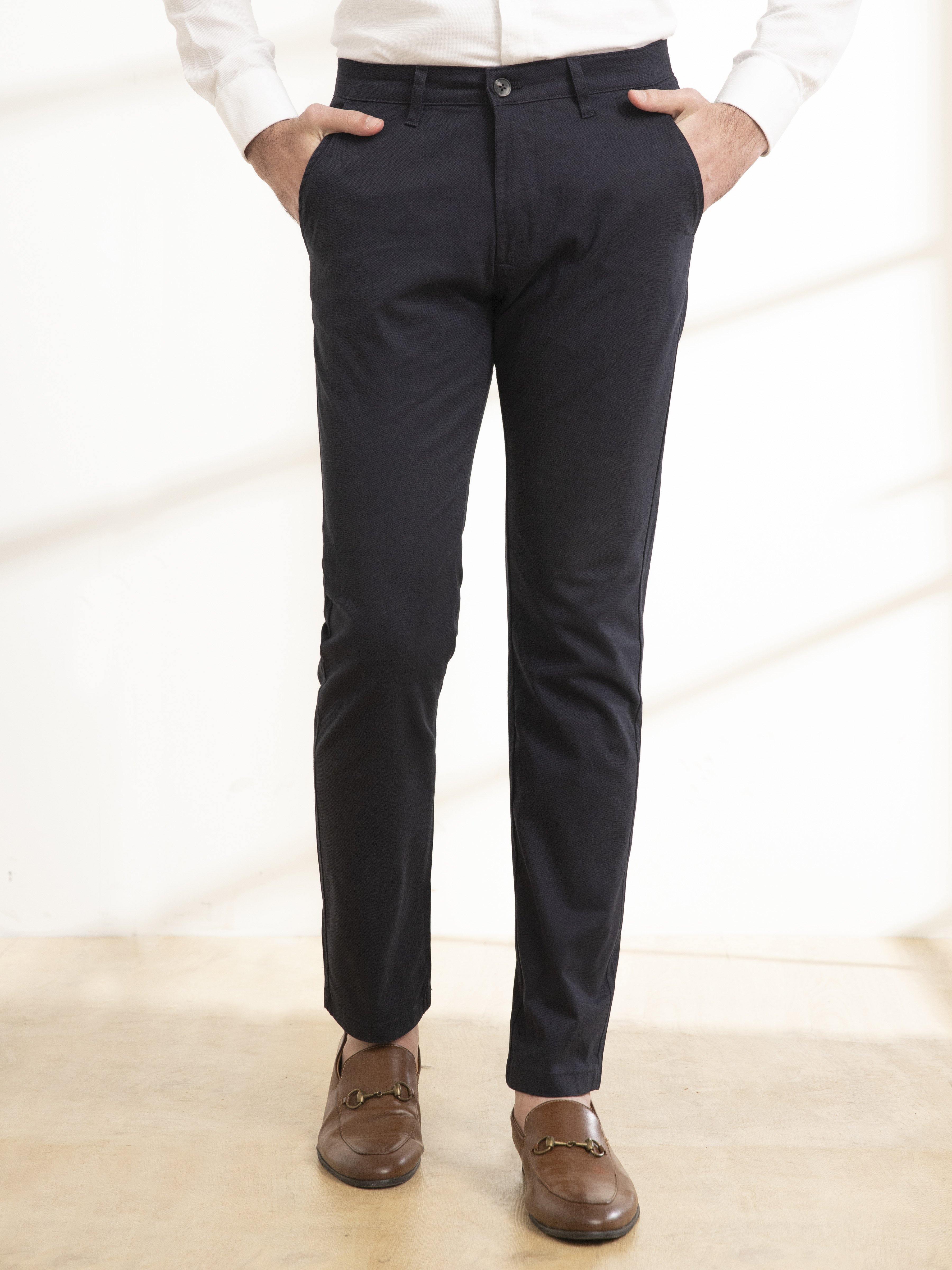 Slim-fit casual pants, dark navy, front view with button and belt loops