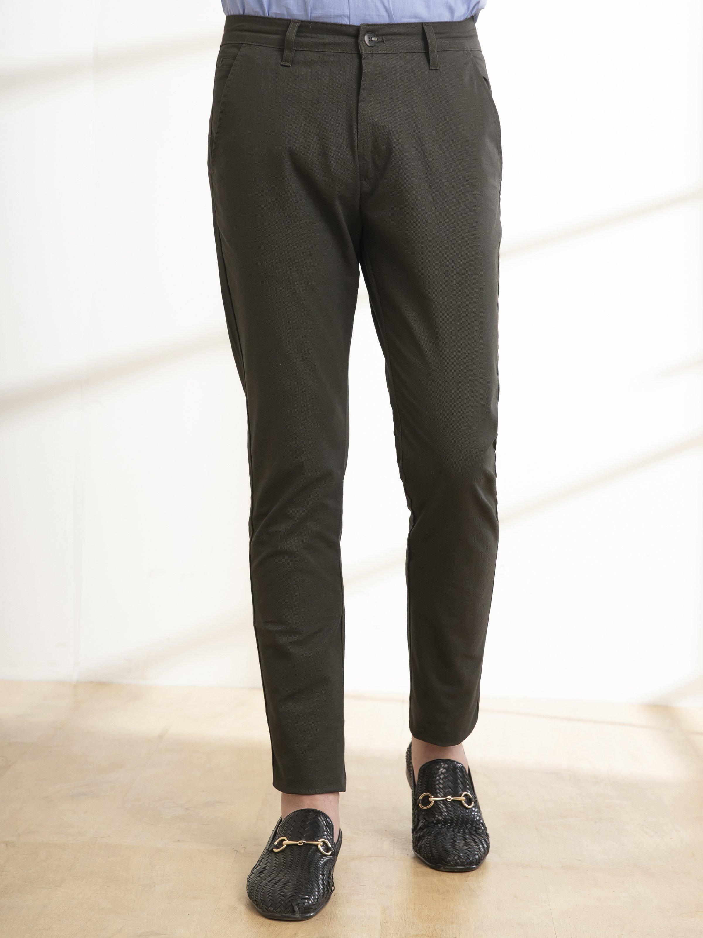 Olive slim-fit casual pants, front view with crease and tapered leg