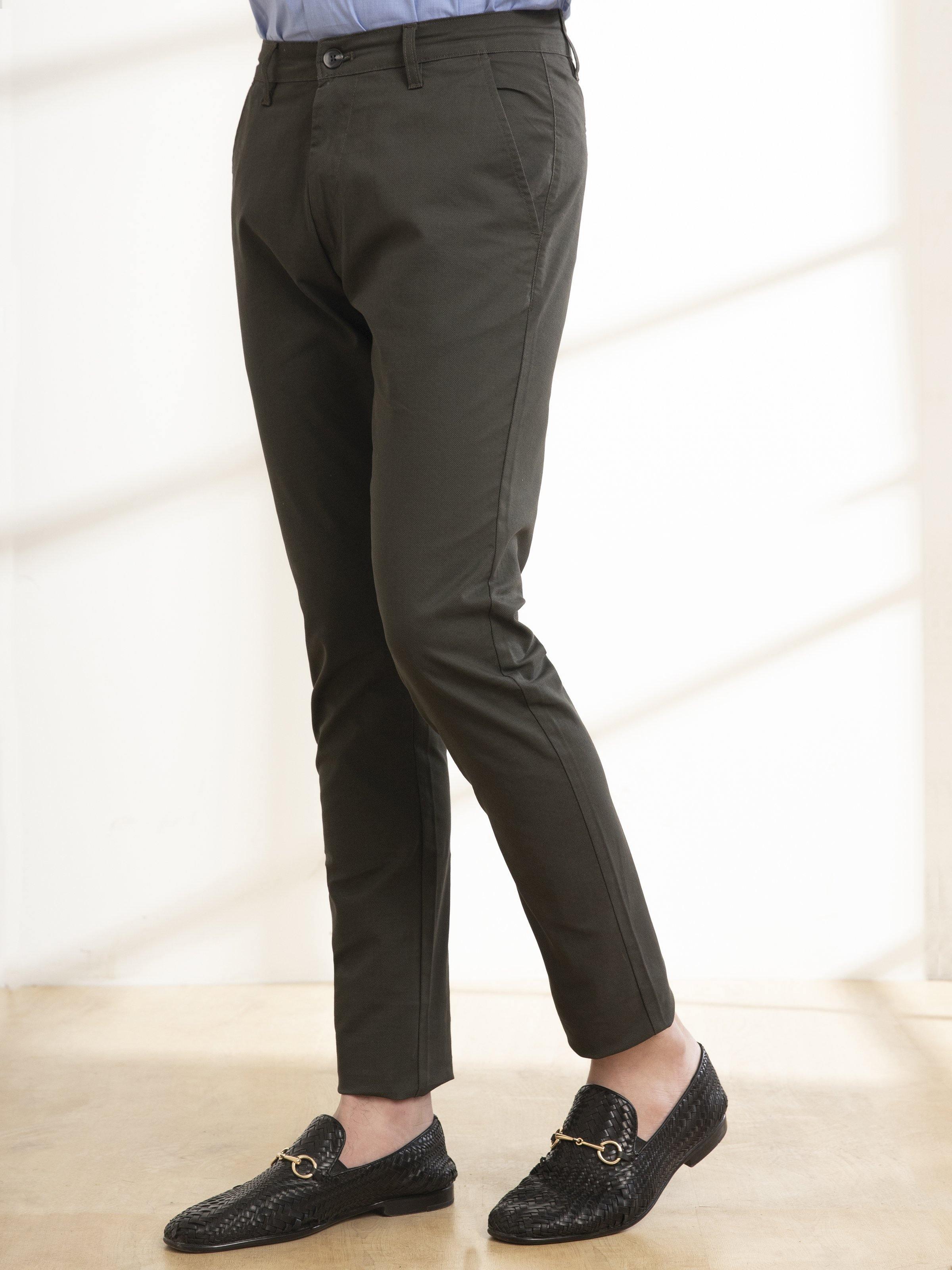 Olive slim-fit casual pants with cross pocket detailing and belt loops