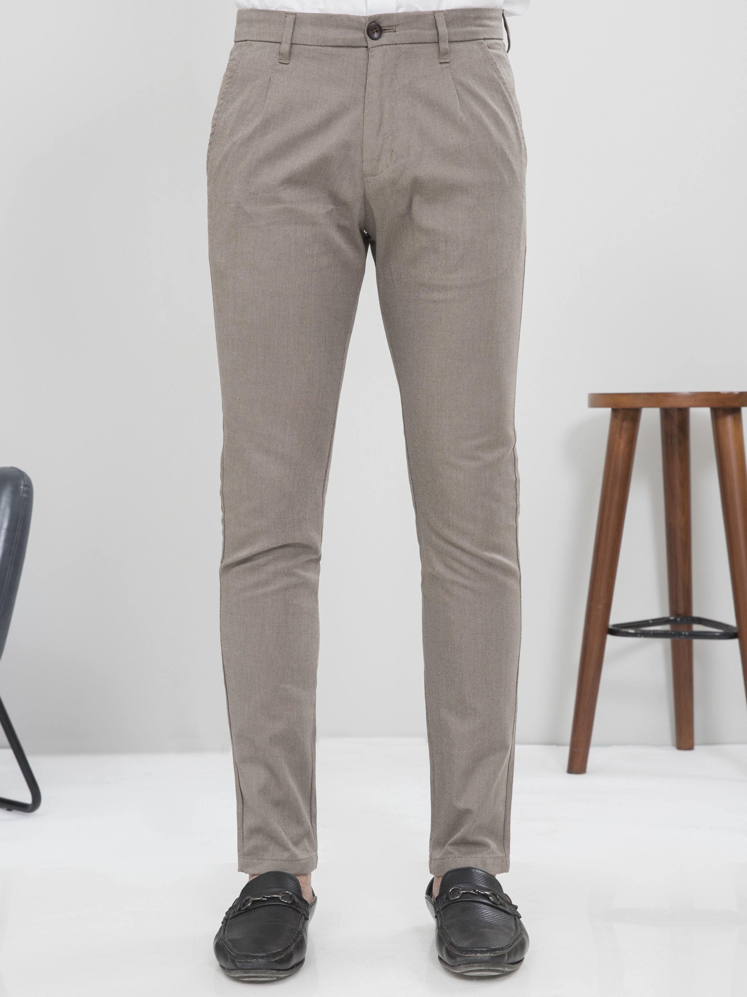 Light brown slim-fit casual pants with front pleats, belt loops, and straight tapered legs