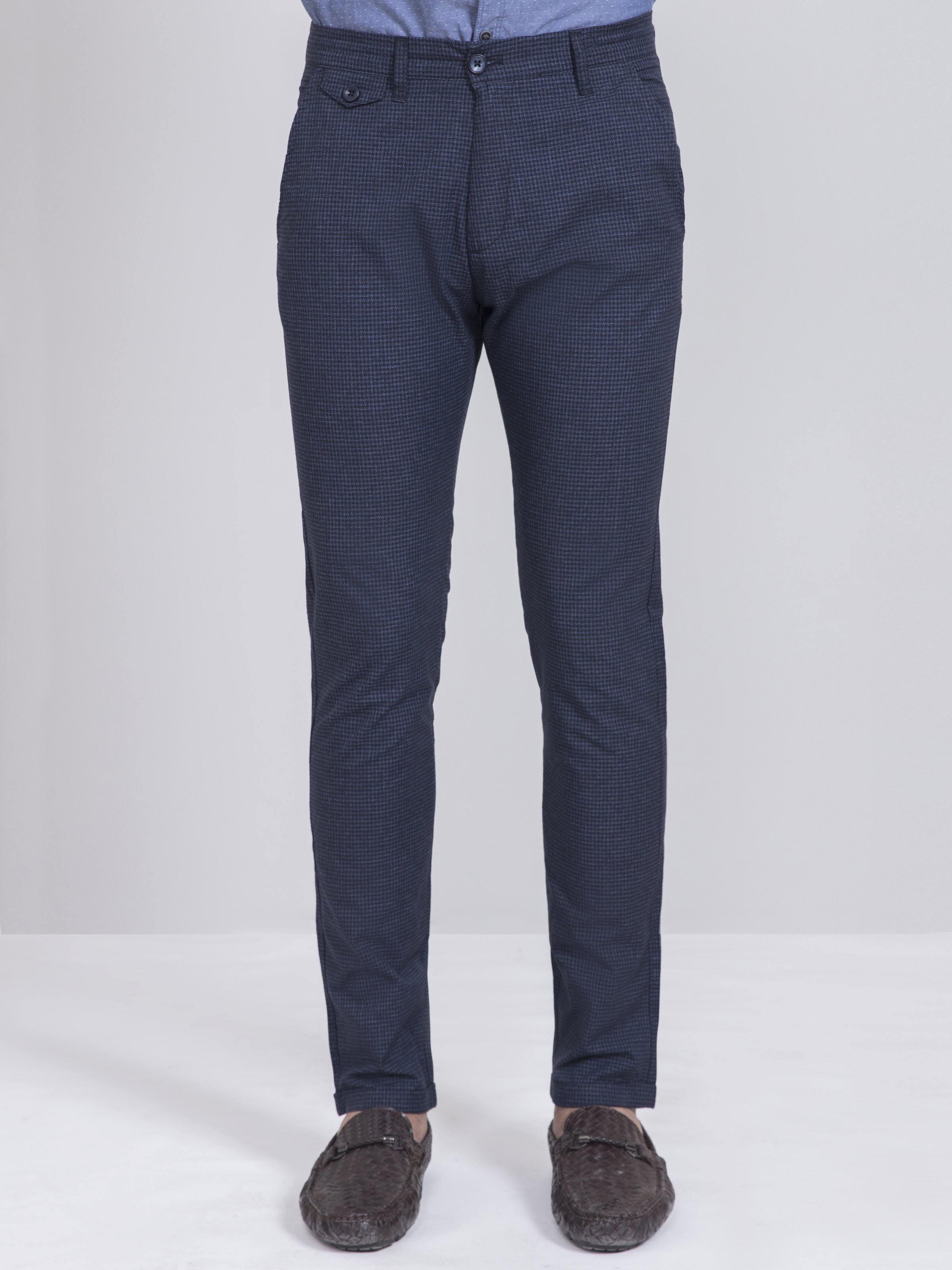 Slim-fit casual pants in dark navy check, front view with button closure and belt loops