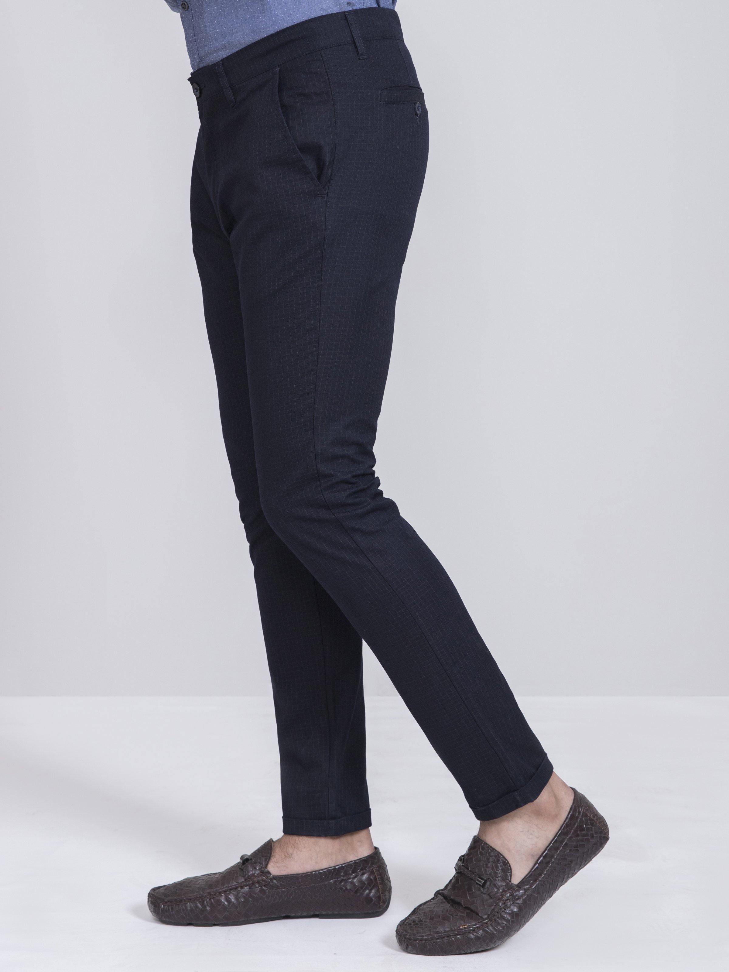 Navy slim-fit casual pants, zip fly, belt loops, front pockets.