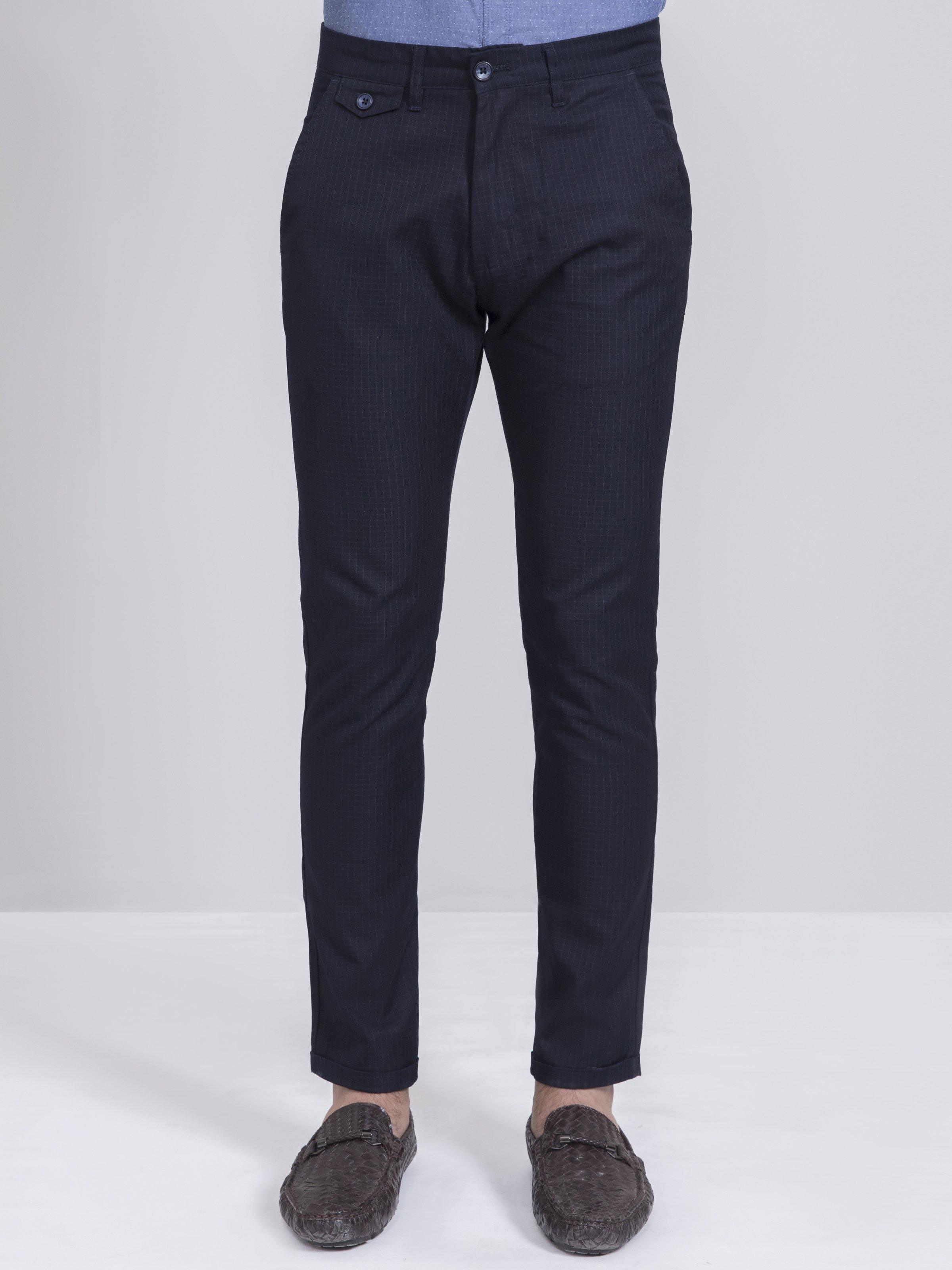 Navy slim-fit casual pants with button closure and creased legs.