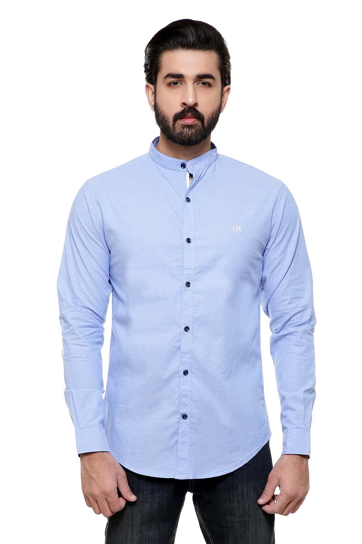 CASUAL SHIRT BAN COLLAR SKY BLUE at Charcoal Clothing