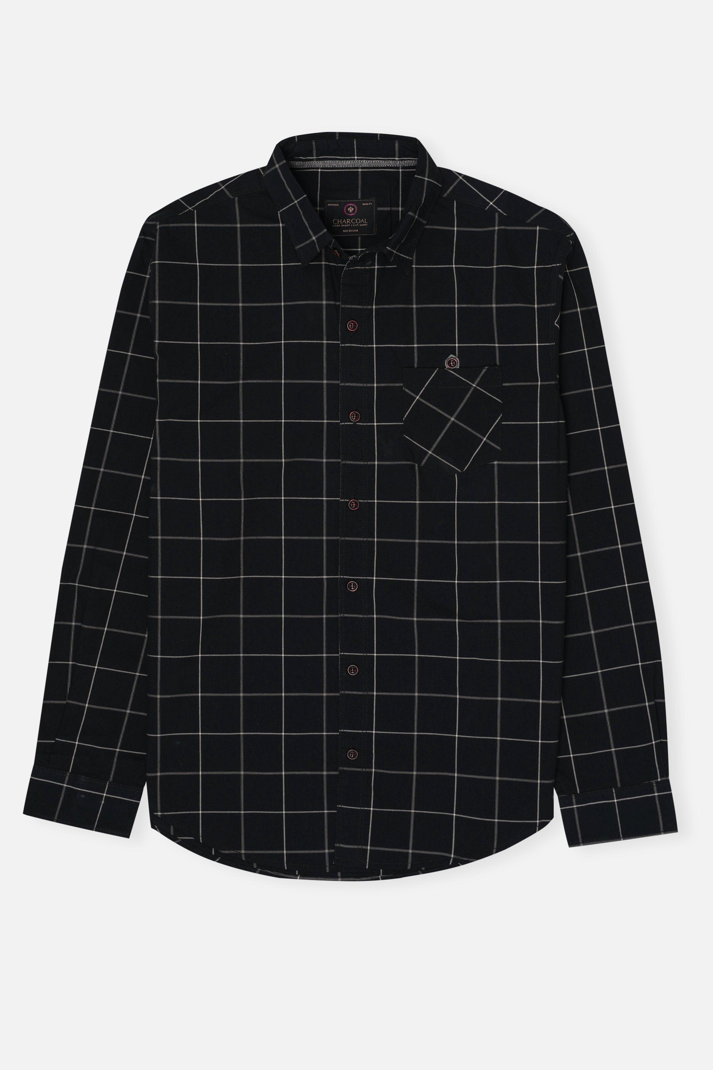 Black check casual shirt with long sleeves, button front and pointed collar