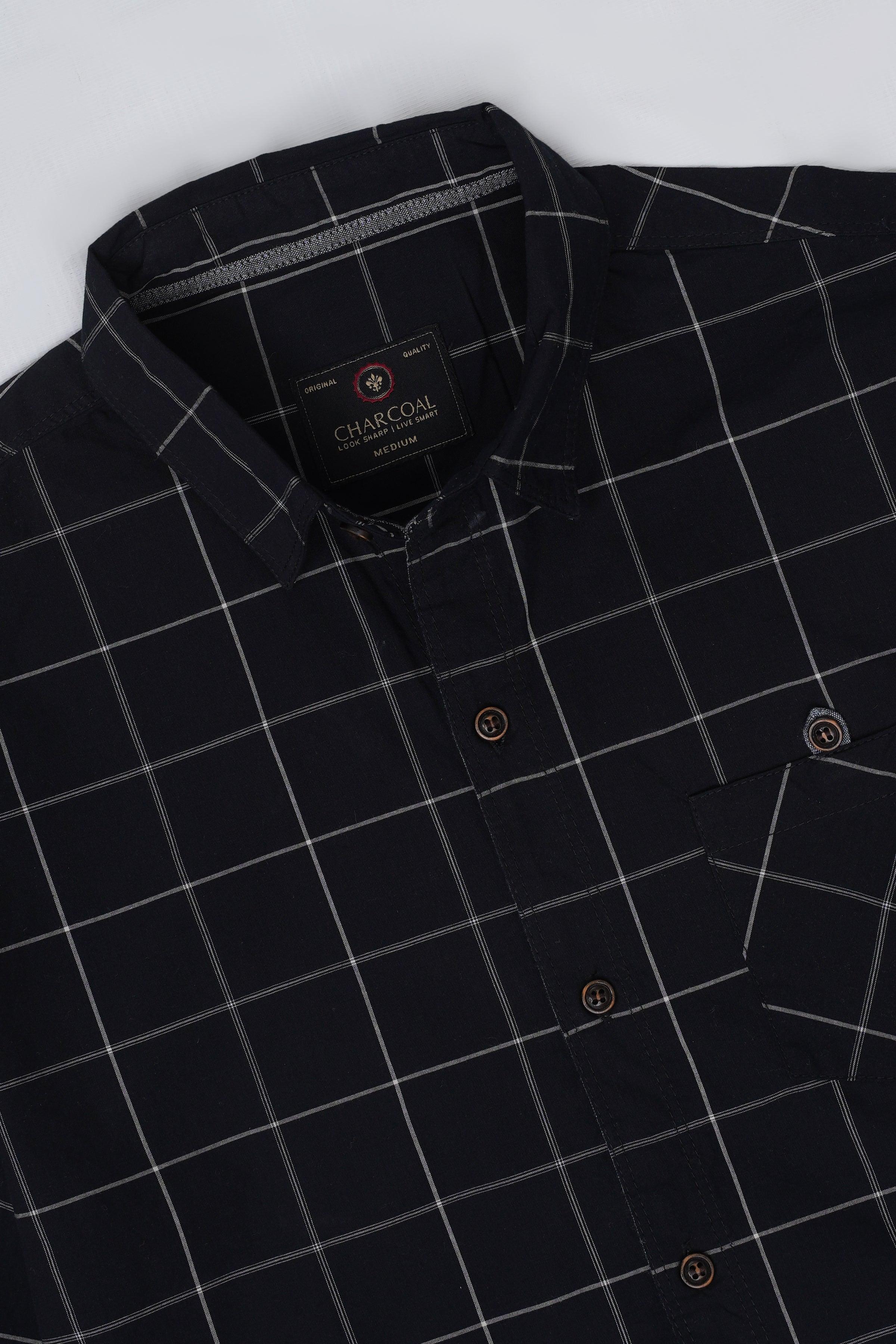 Black check casual shirt neckline with branded inner collar label and buttons
