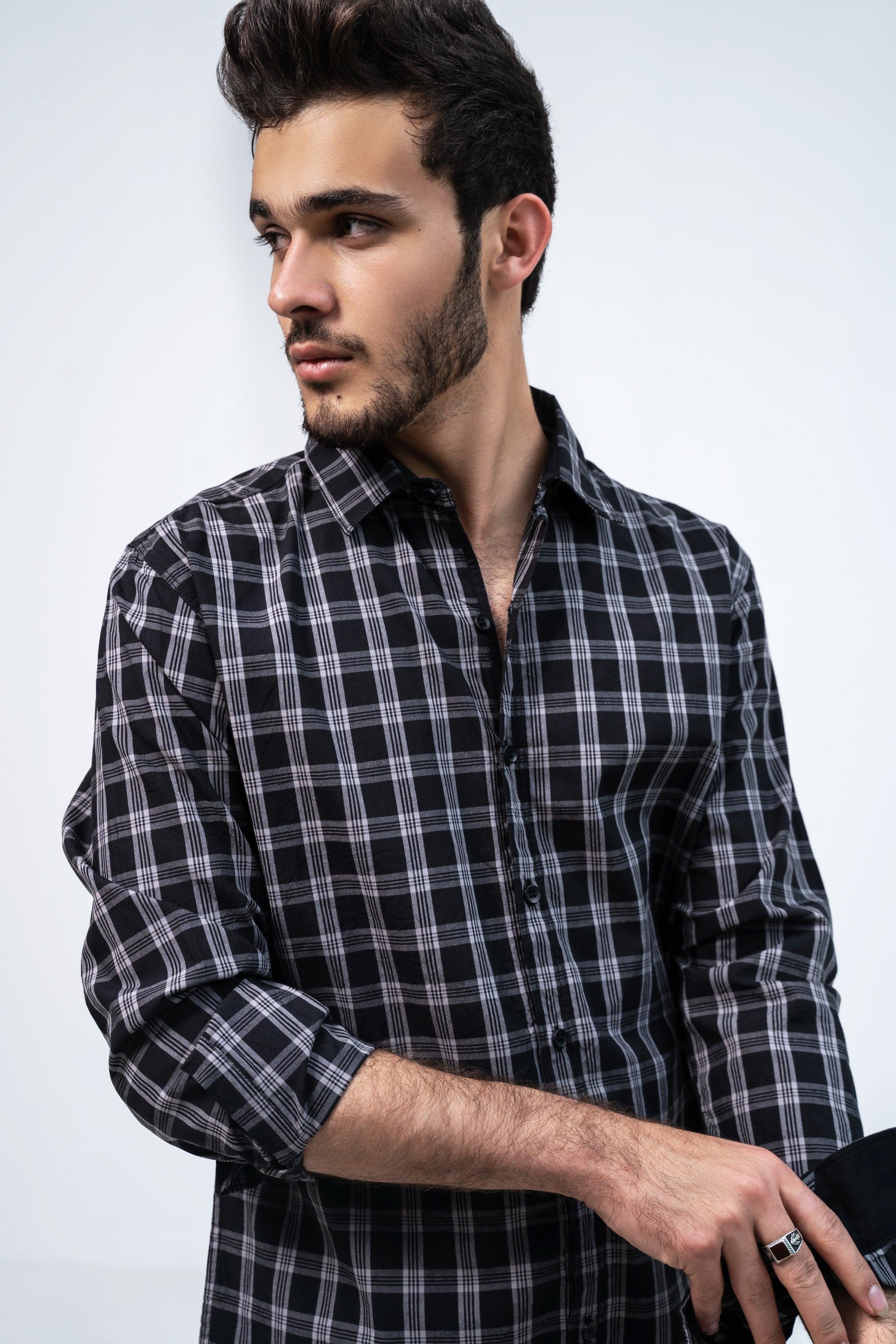CASUAL SHIRT BLACK GREY CHECK at Charcoal Clothing