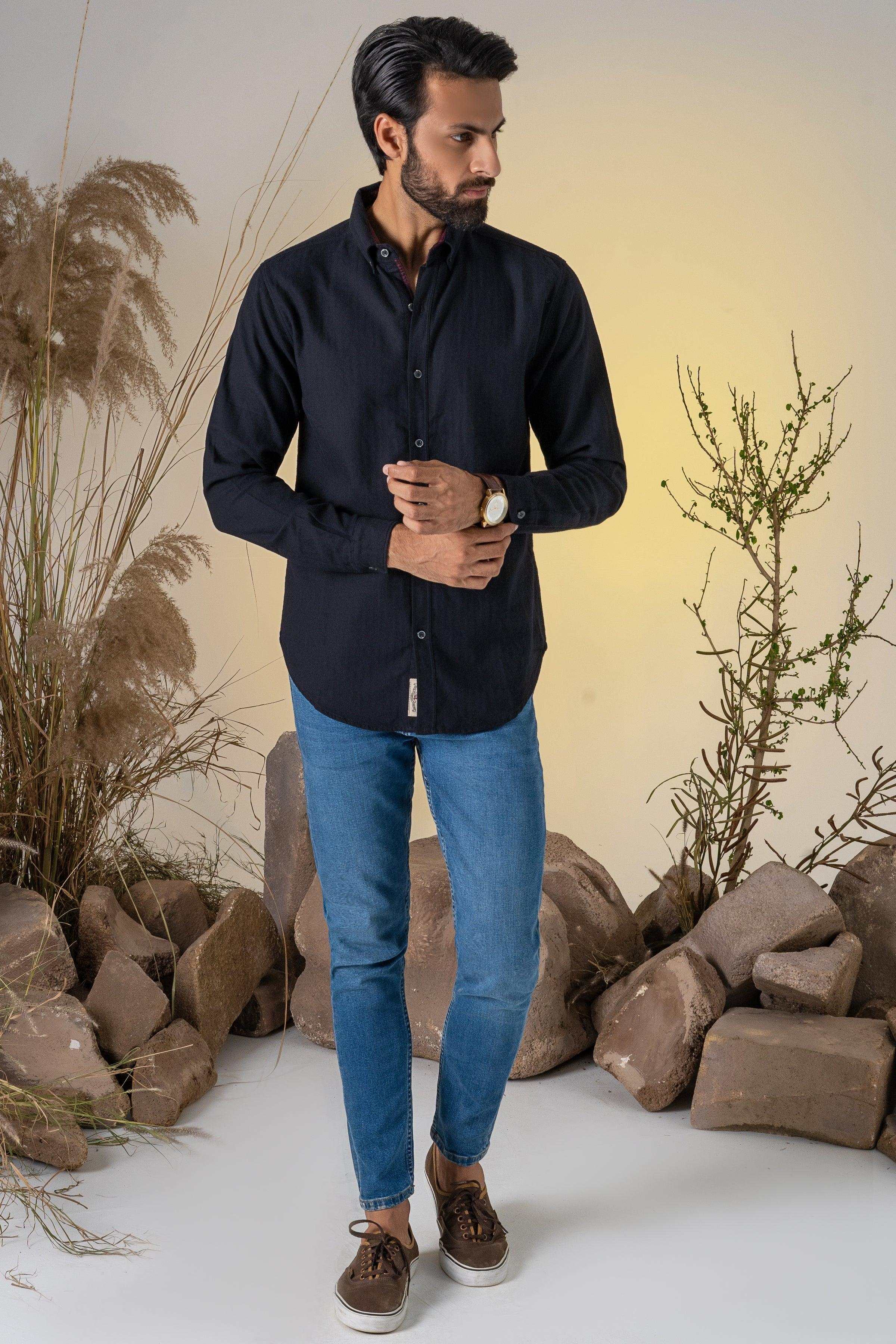 CASUAL SHIRT BLACK HERRINGBONE BONE at Charcoal Clothing