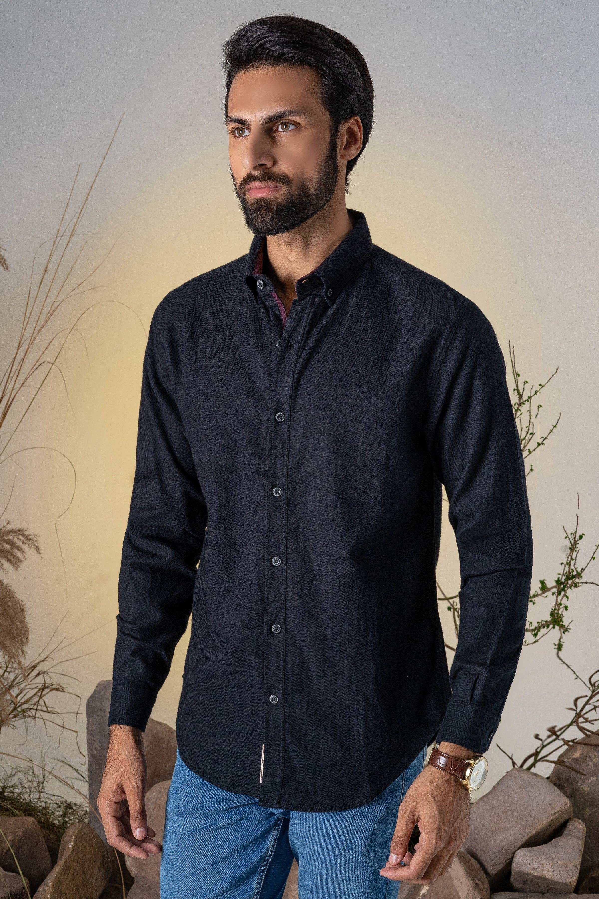 CASUAL SHIRT BLACK HERRINGBONE BONE at Charcoal Clothing