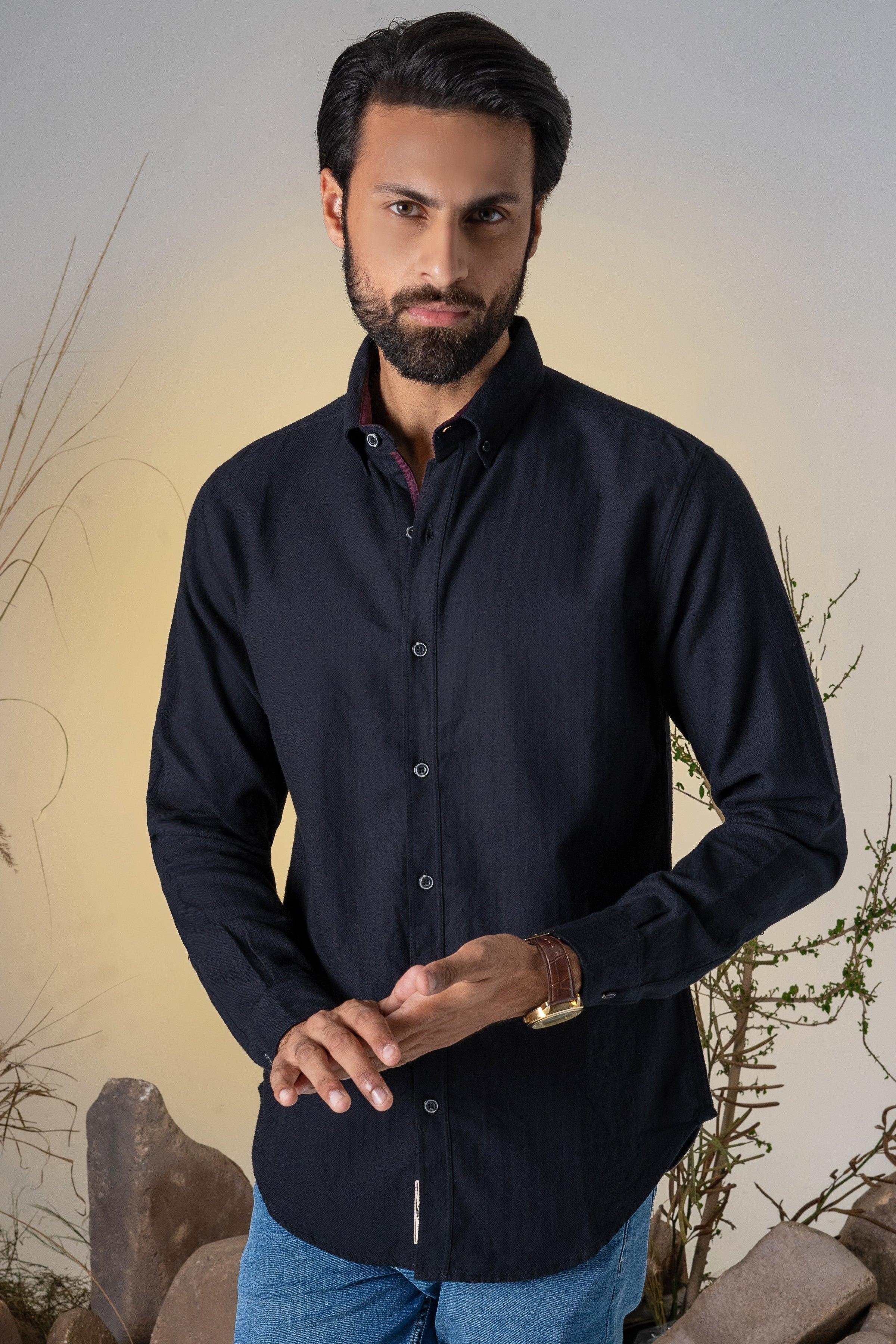 CASUAL SHIRT BLACK HERRINGBONE BONE at Charcoal Clothing