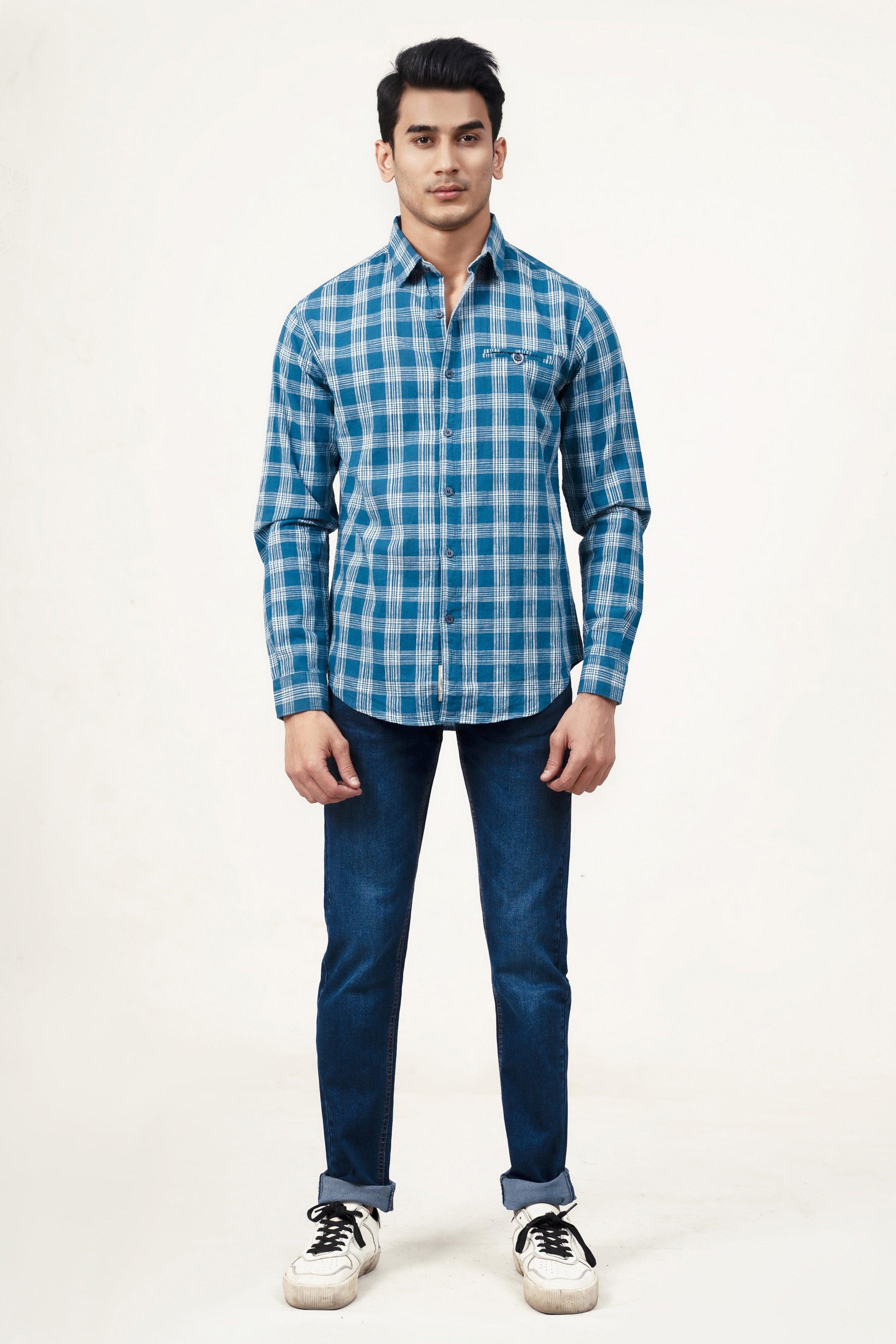 CASUAL SHIRT BLUE GREY CHECK at Charcoal Clothing