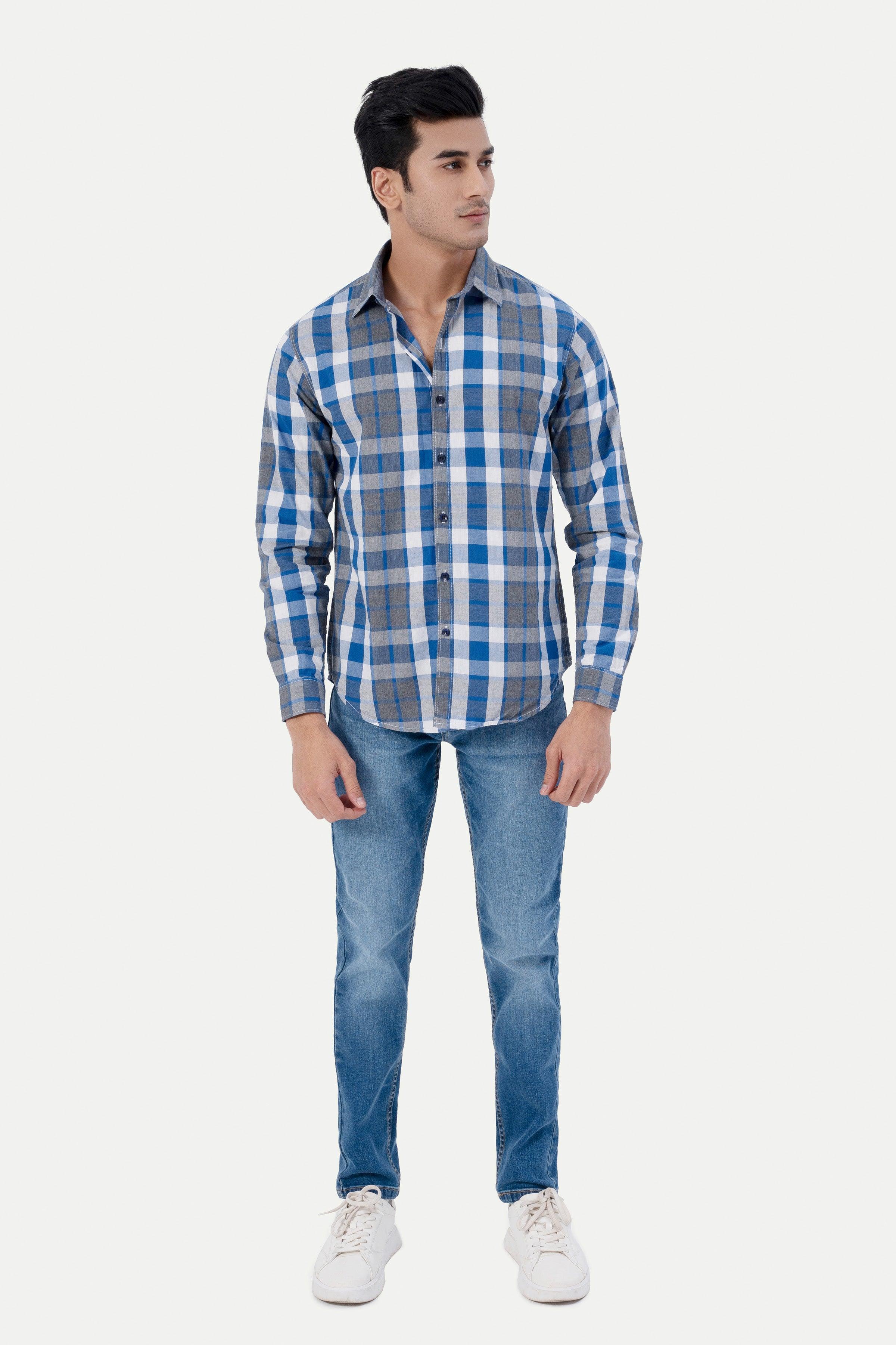 CASUAL SHIRT BLUE GREY CHECK at Charcoal Clothing