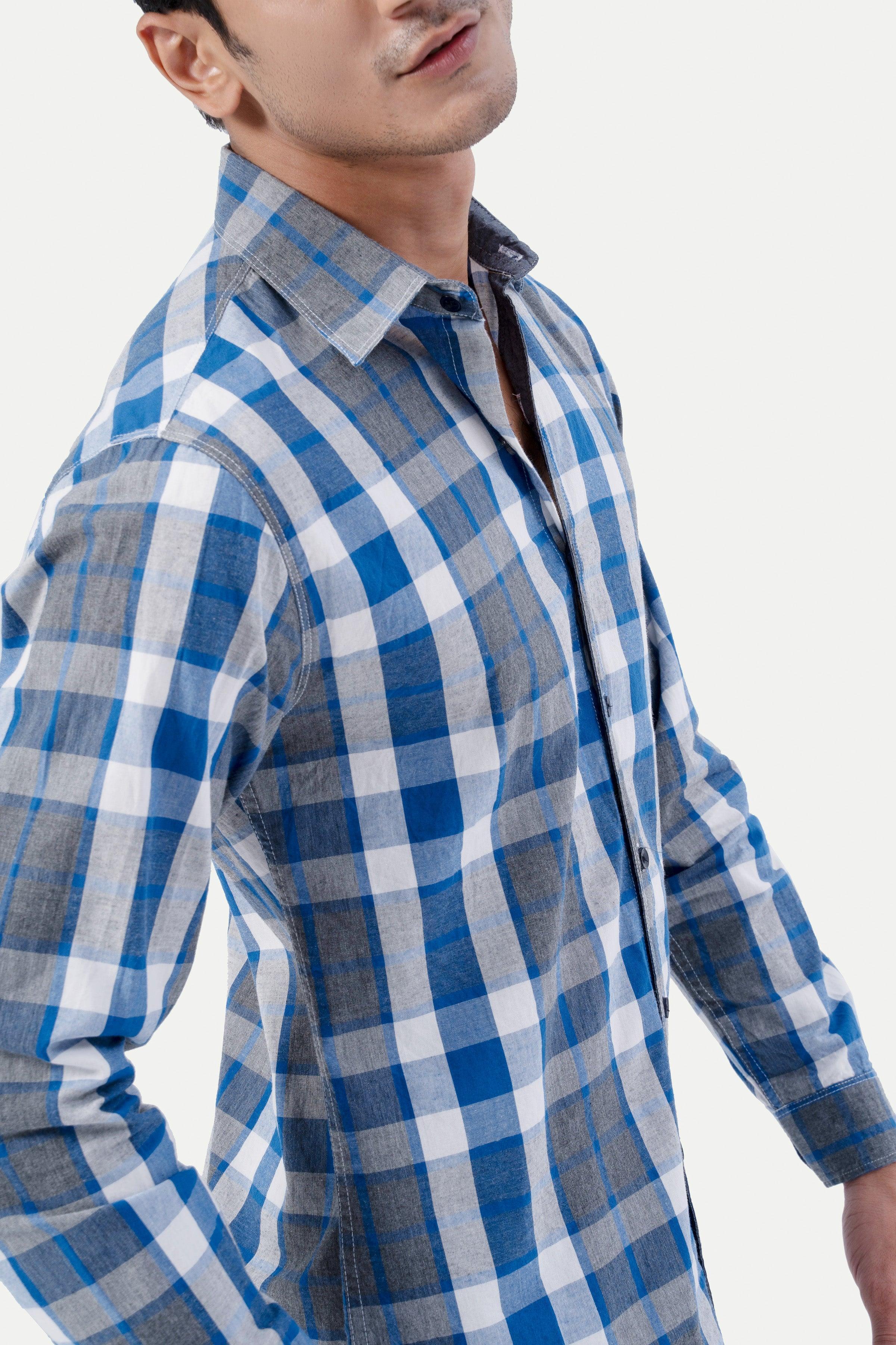 CASUAL SHIRT BLUE GREY CHECK at Charcoal Clothing