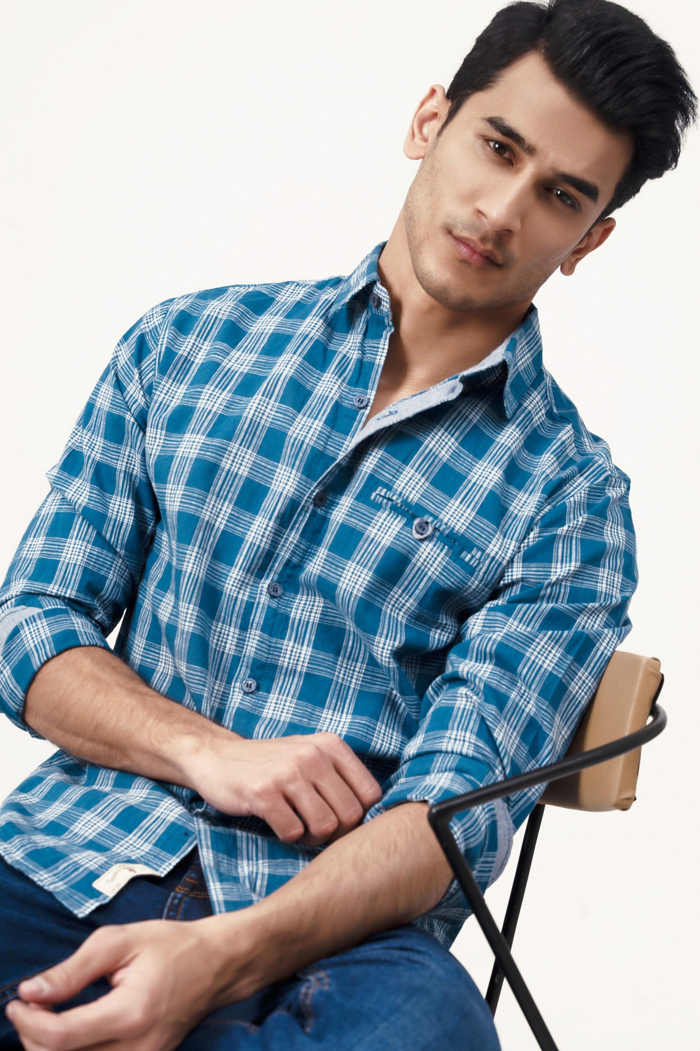 CASUAL SHIRT BLUE GREY CHECK at Charcoal Clothing