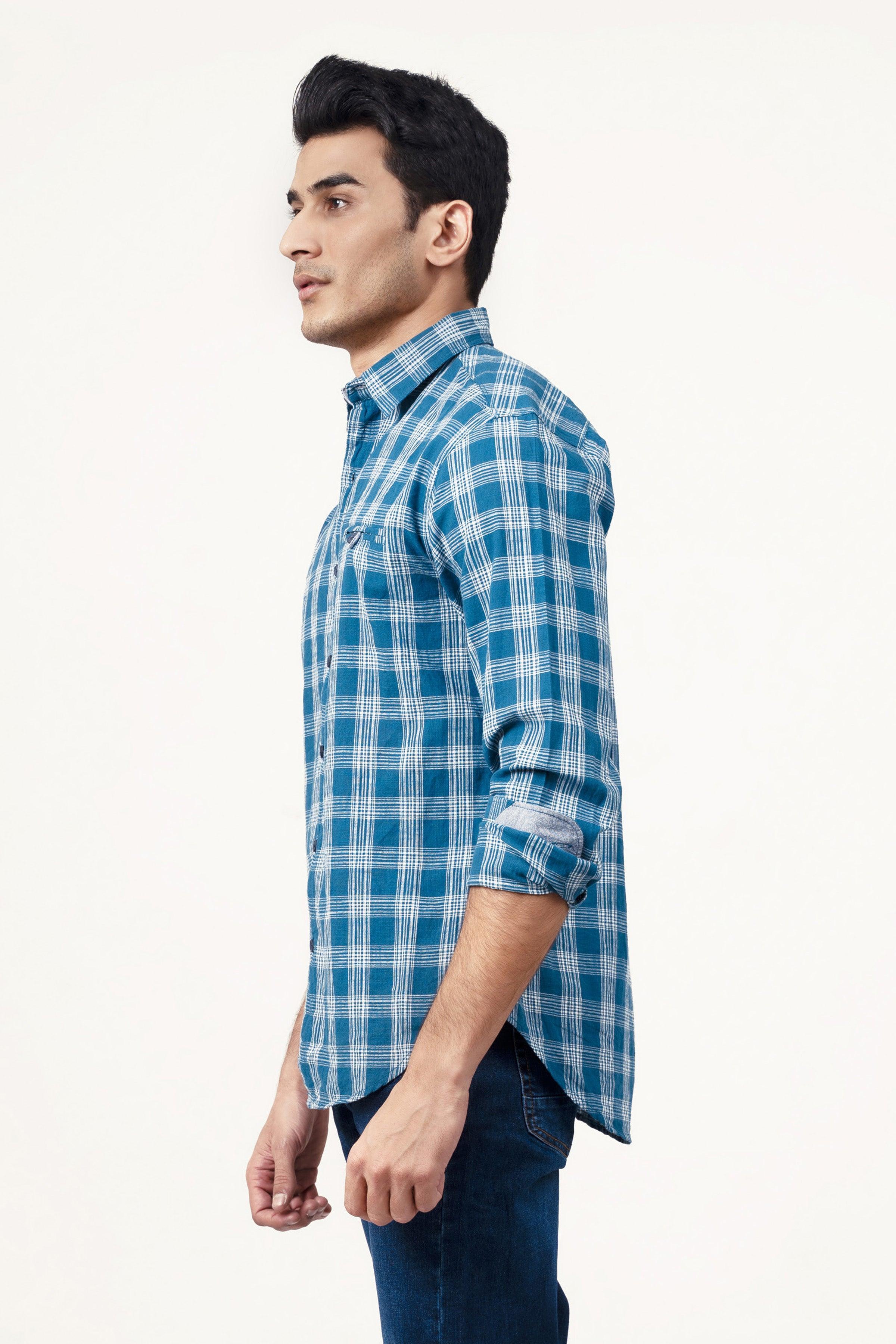 CASUAL SHIRT BLUE GREY CHECK at Charcoal Clothing