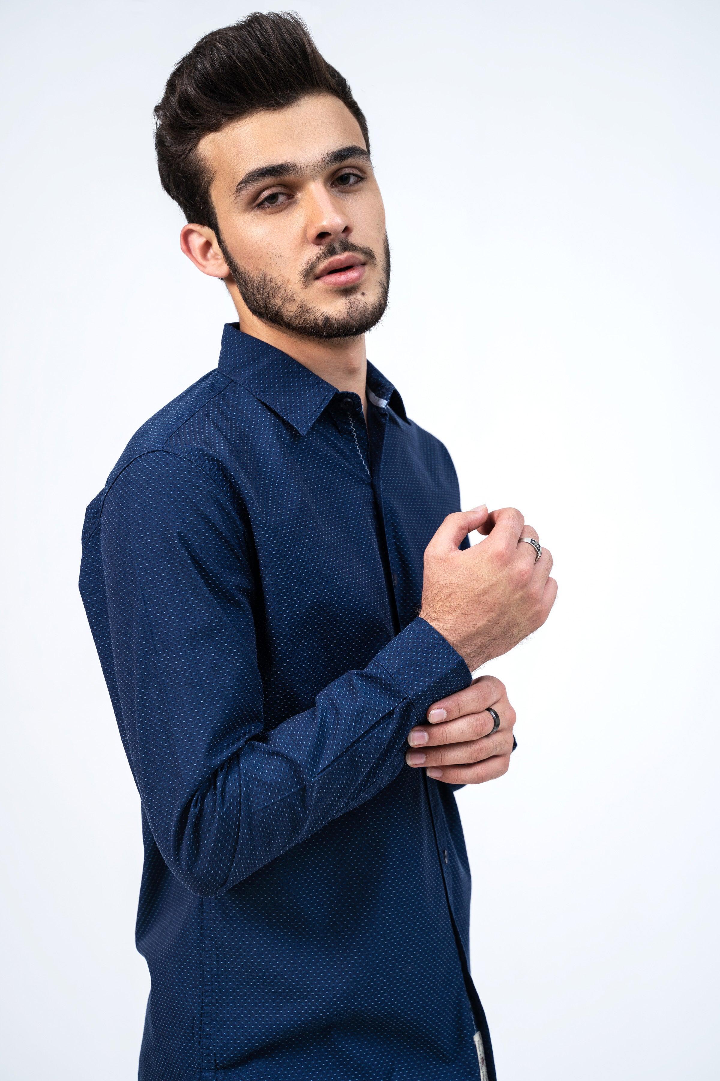 CASUAL SHIRT BLUE SELF TEXTURED at Charcoal Clothing